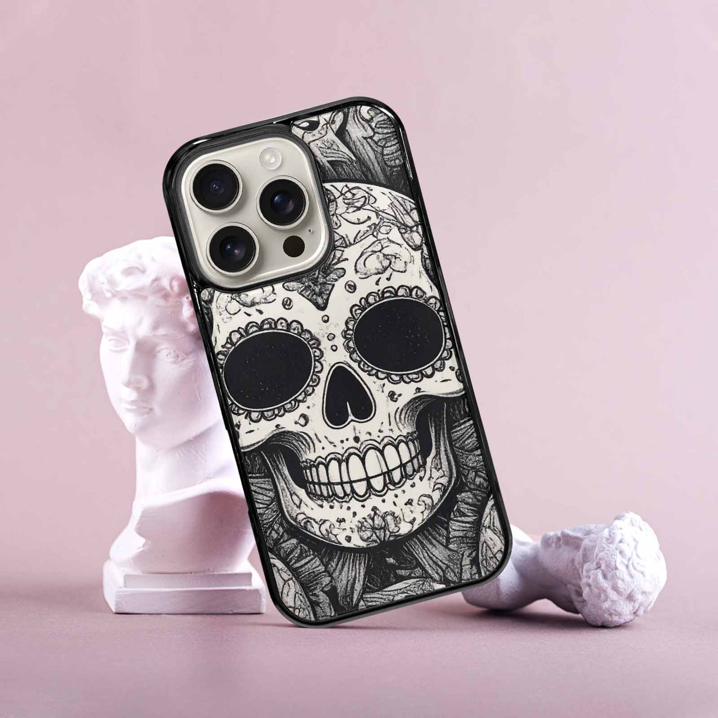 iPhone 16 Pro Case — Intricately Detailed Sugar Skulls In Black, Custom Phone Case
