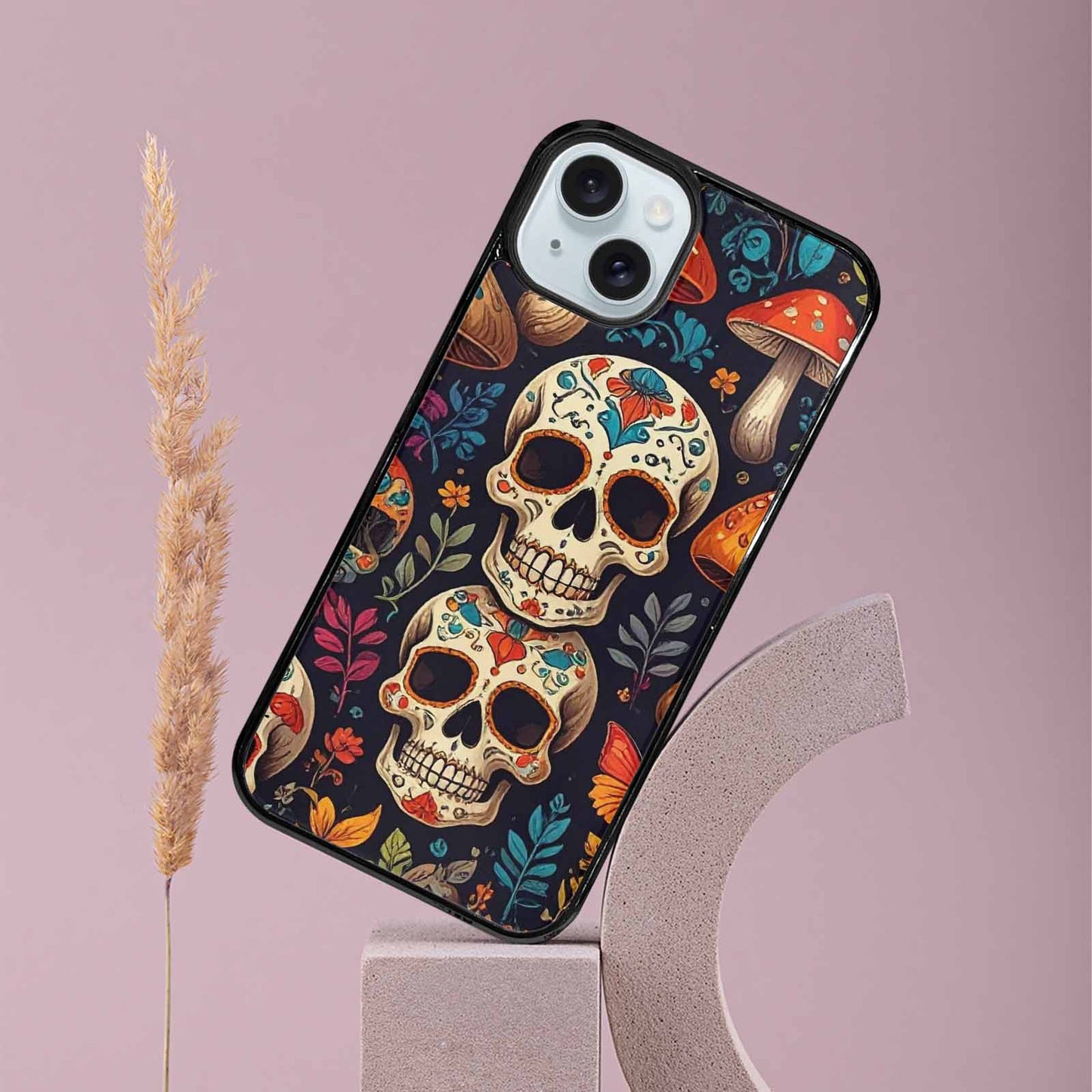 iPhone 15 Plus Case — Mushrooms And Skulls, Personalized Phone Case