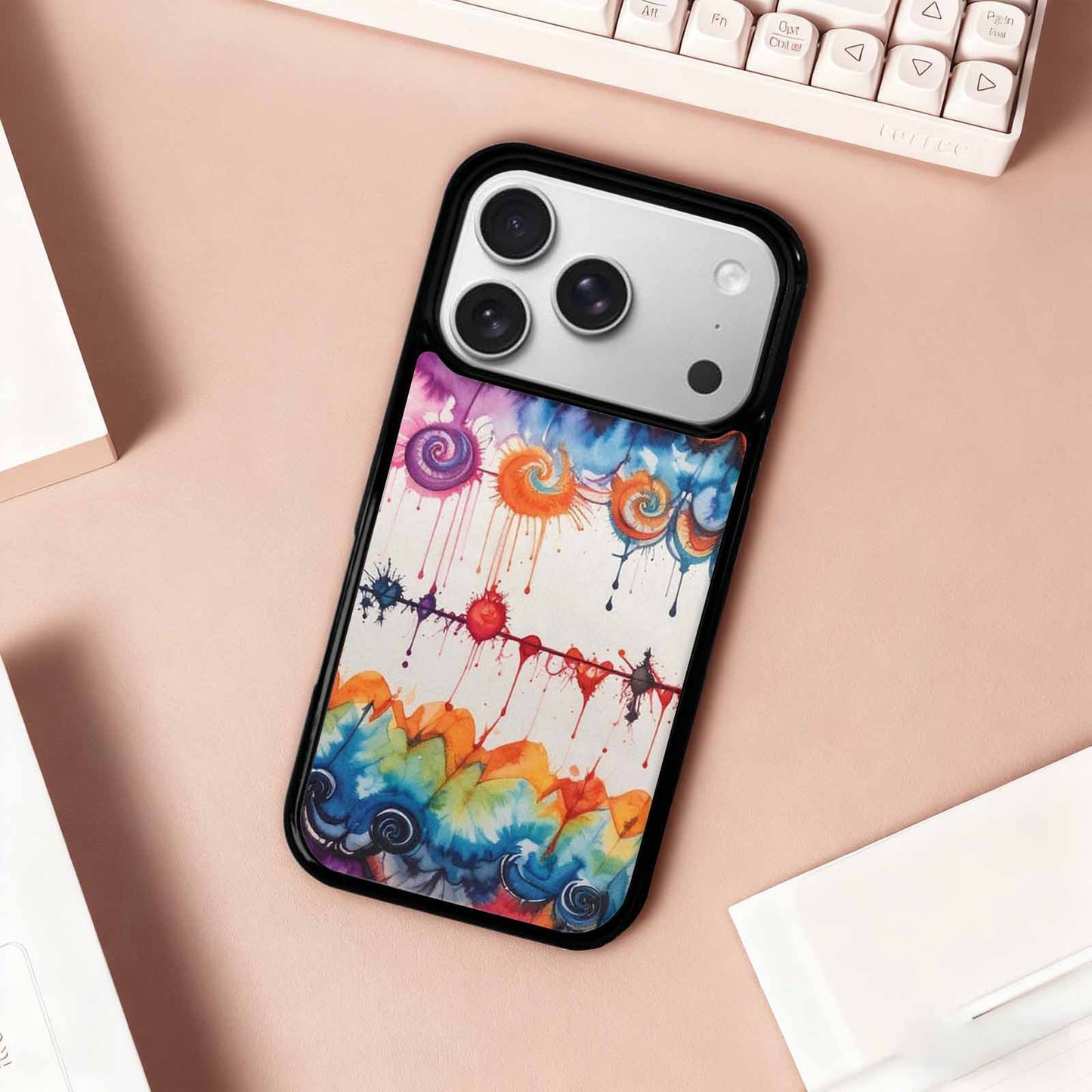 iPhone 17 Pro Case — Tie Dye Swirls Black Red Tie, Personalized Phone Case