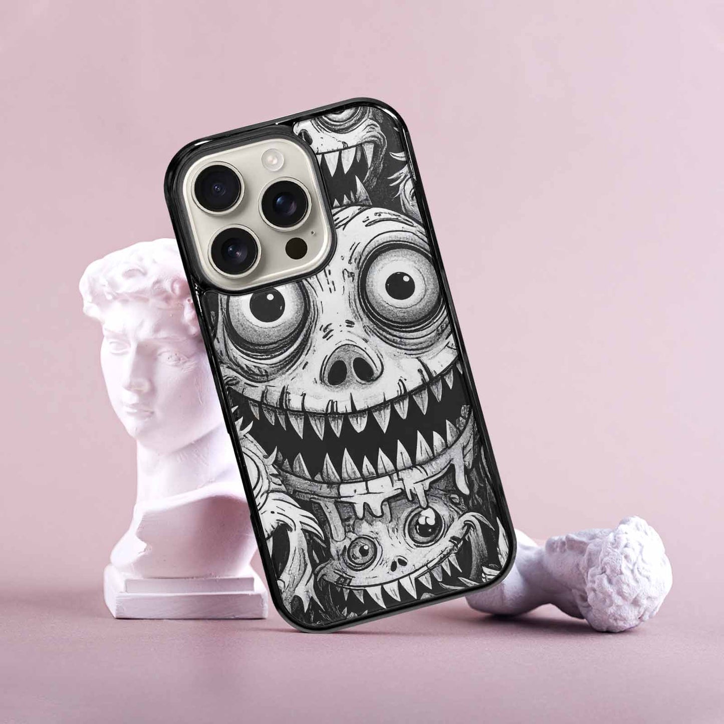 iPhone 16 Pro Case — Black And White Monster Face Collage, Custom Art Phone Cover