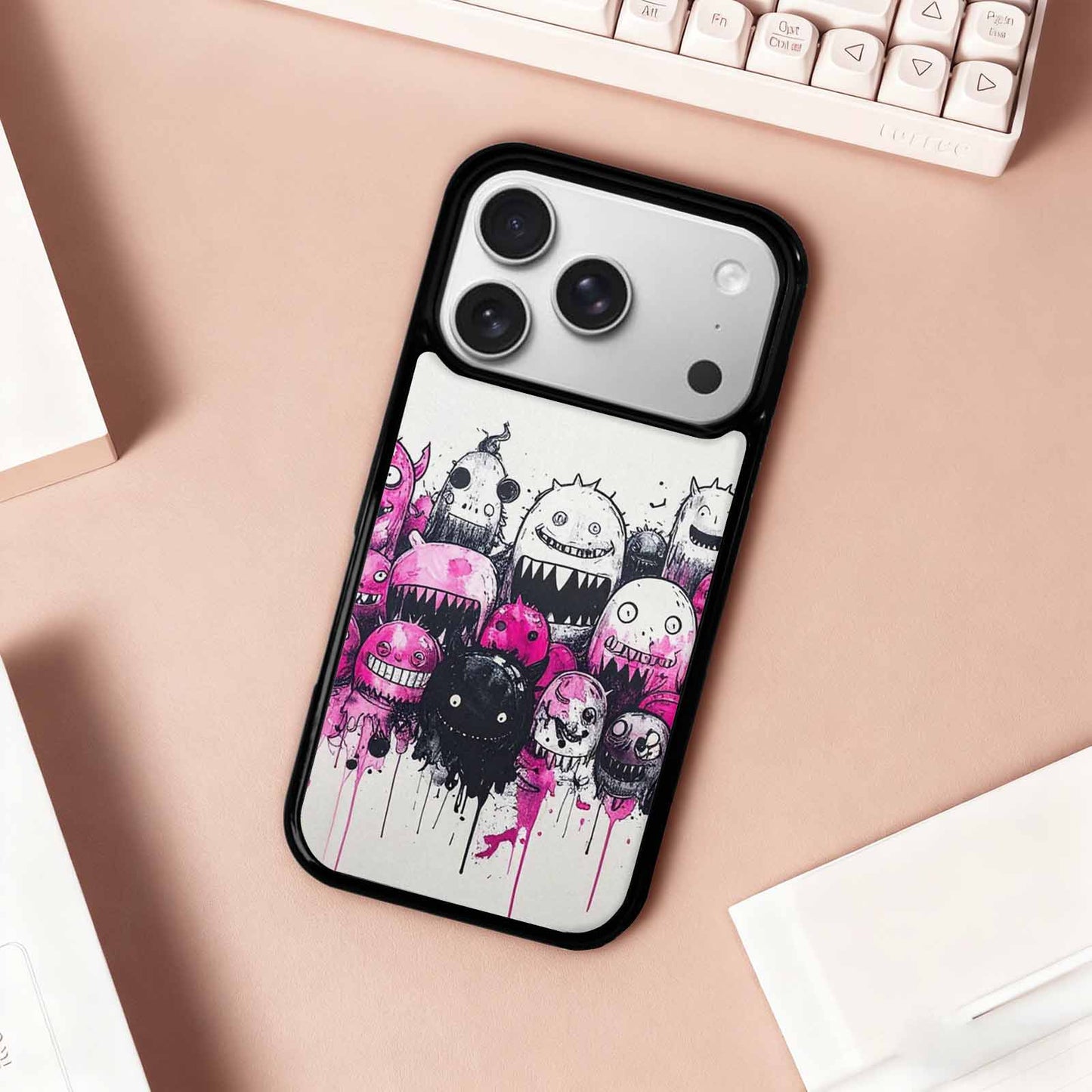 iPhone 17 Pro Case — Black Pink Ink Monsters General Cartoon, Original Design Phone Case