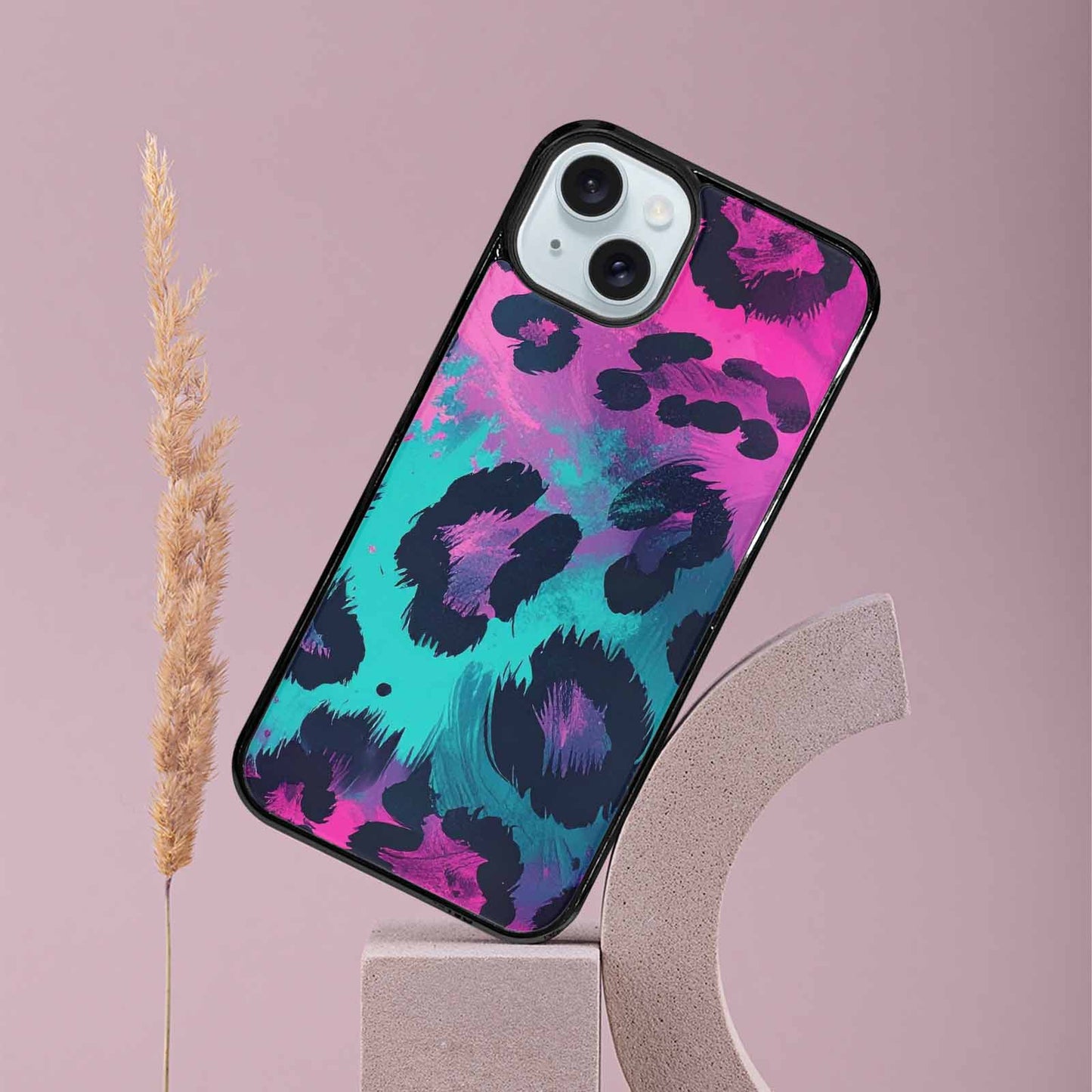 iPhone 15 Plus Case — Leopard Neon Pink Teal Airbrush, Personalized Phone Case