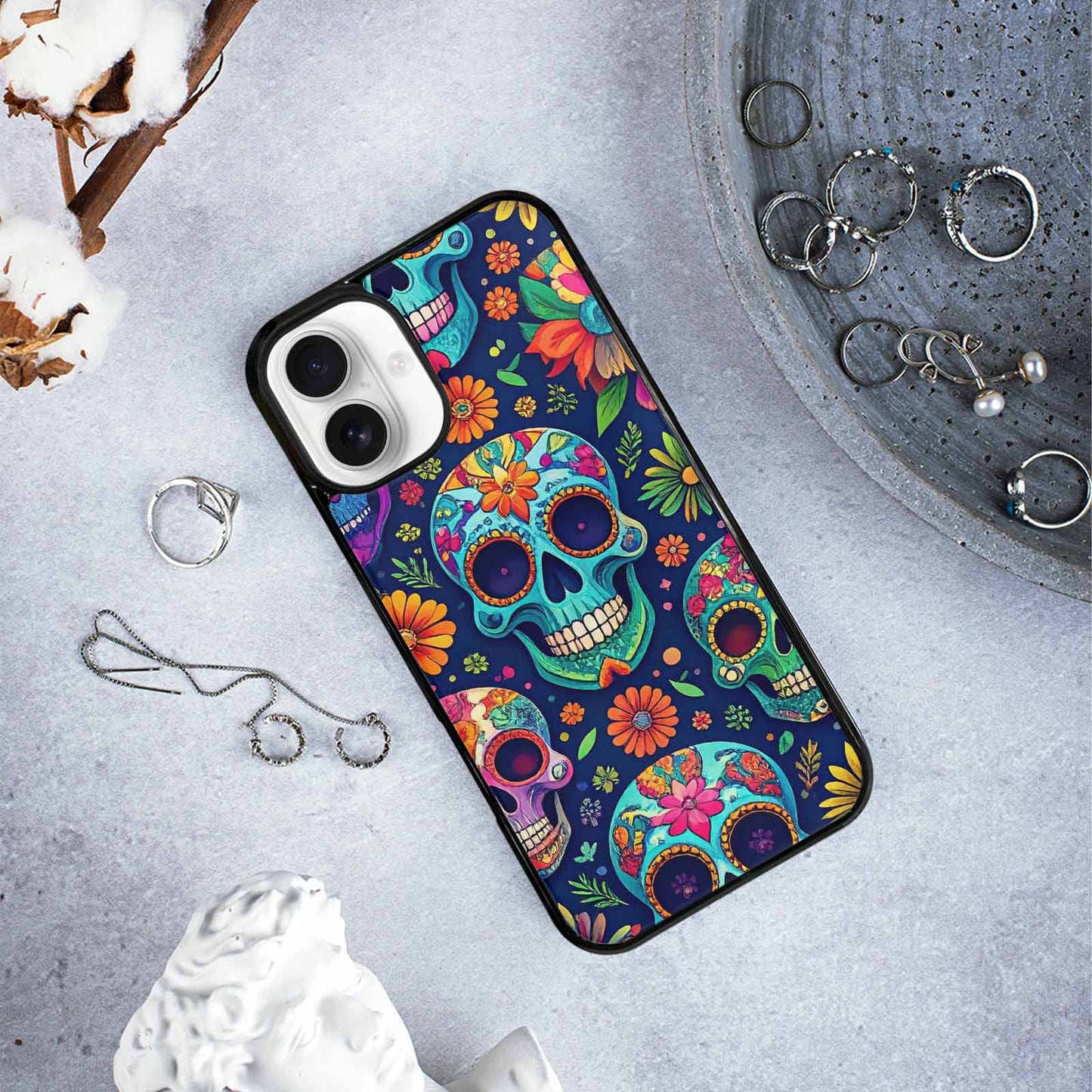 iPhone 16 Plus Case — Rainbow Sugar Skull Weave, Personalized Phone Case