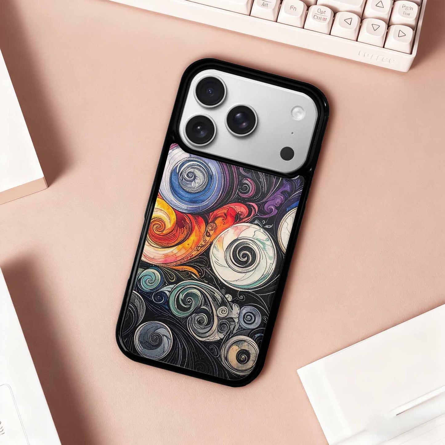 iPhone 17 Pro Case — Tie Dye Swirls Black White Tie, Custom Printed Phone Case