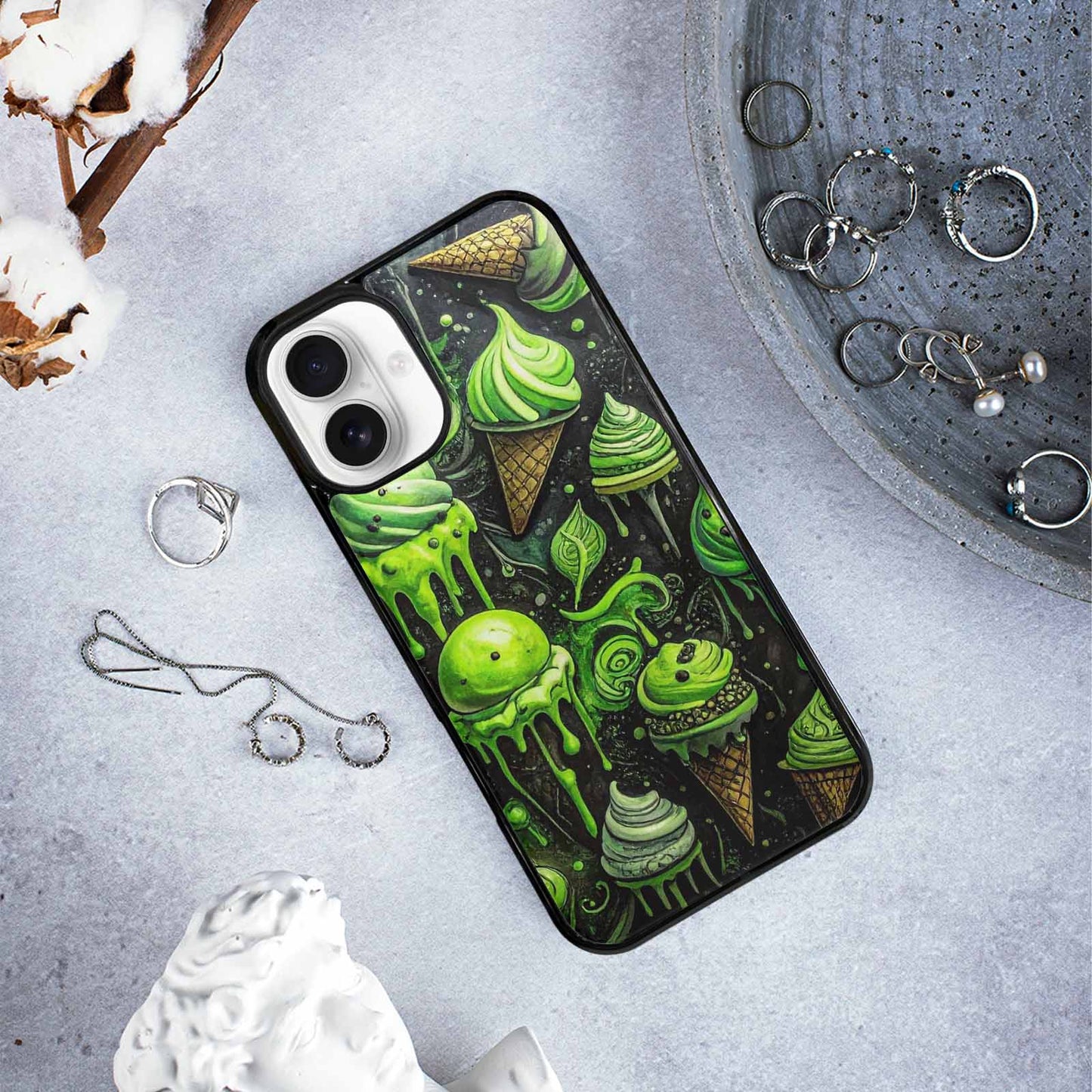 iPhone 16 Plus Case — Ice Cream Motif Black Green Ink, Custom Made Phone Cover