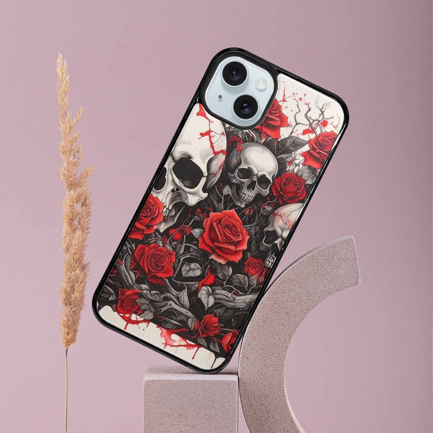 iPhone 15 Plus Case — Skull And Roses Black Red Ink, Unique Phone Case Design