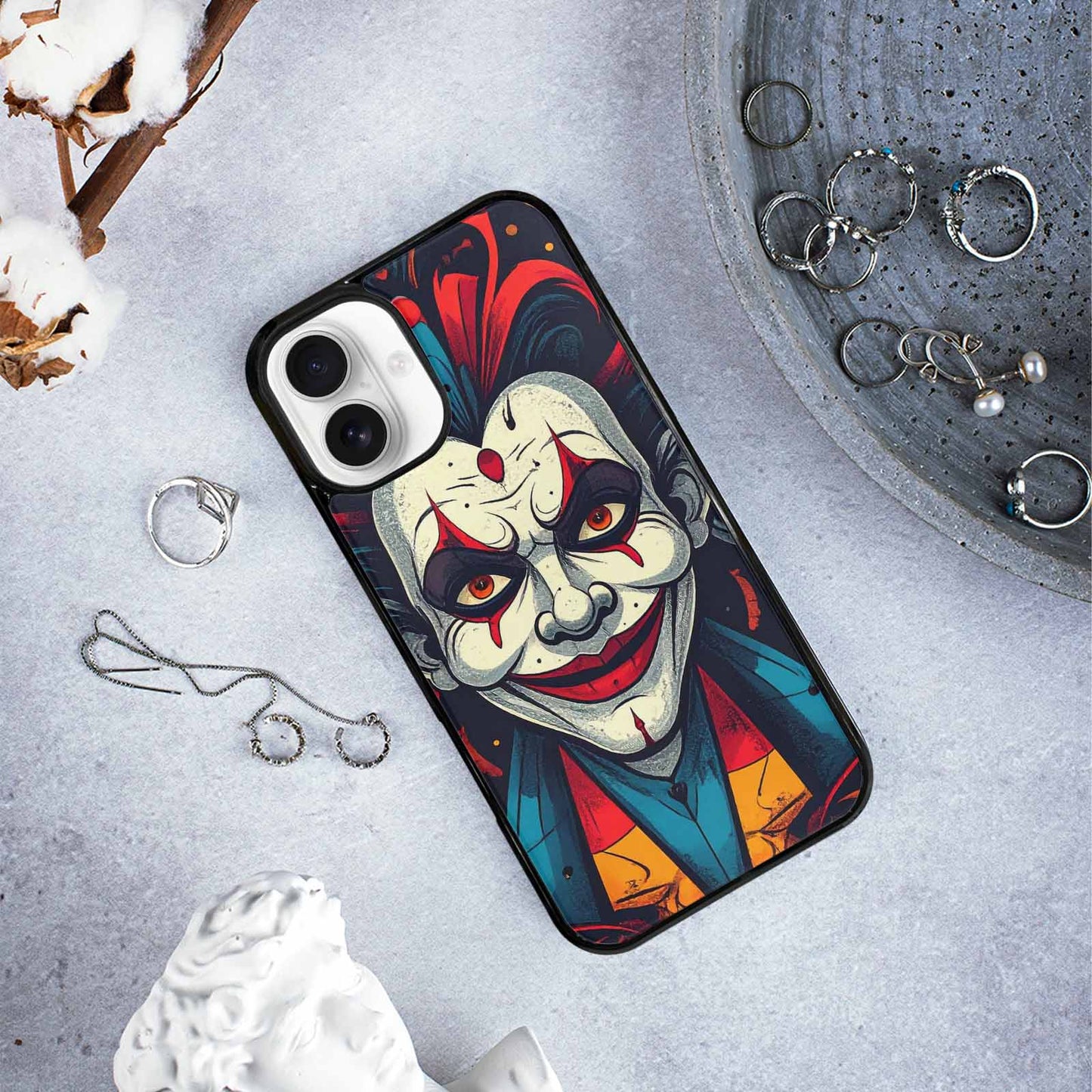 iPhone 16 Plus Case — Evil Circus Heads Faces Overlapping Patterns, Custom Made Phone Cover