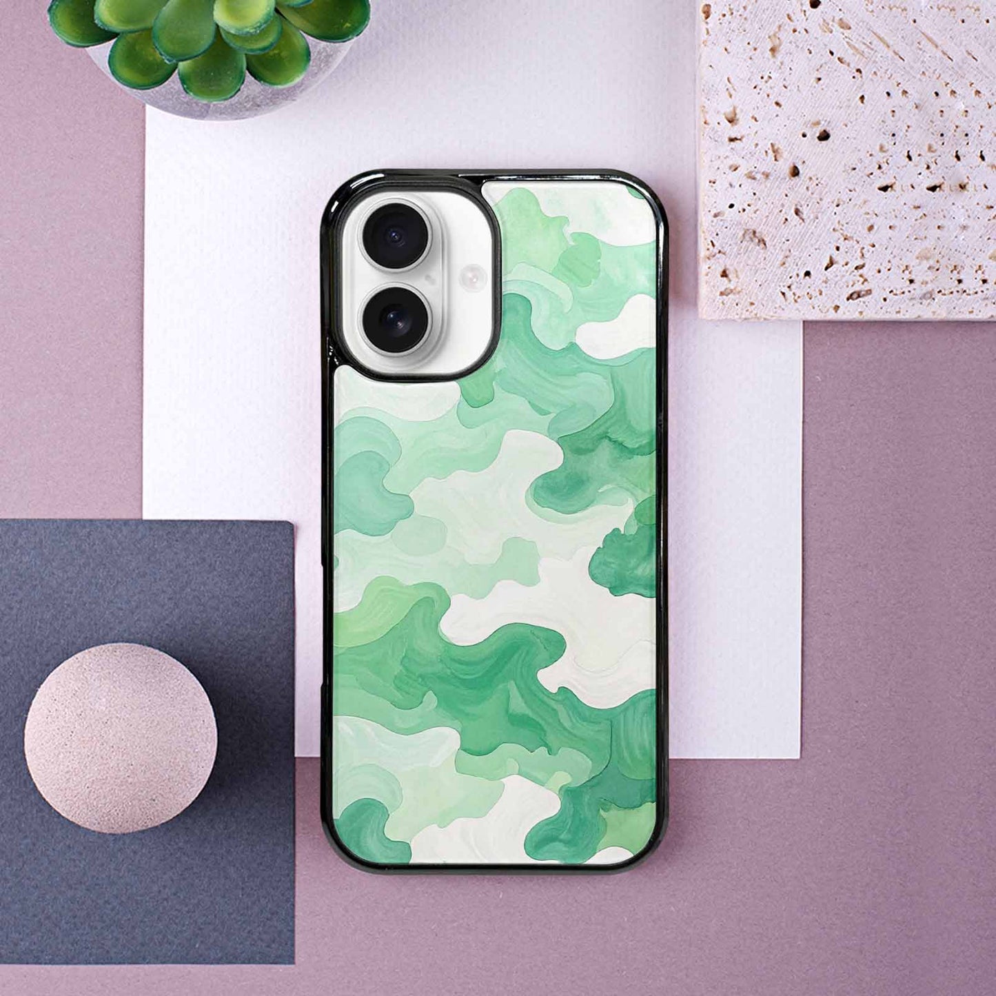 iPhone 16 Case — Camo Mint Green White, Personalized Phone Case