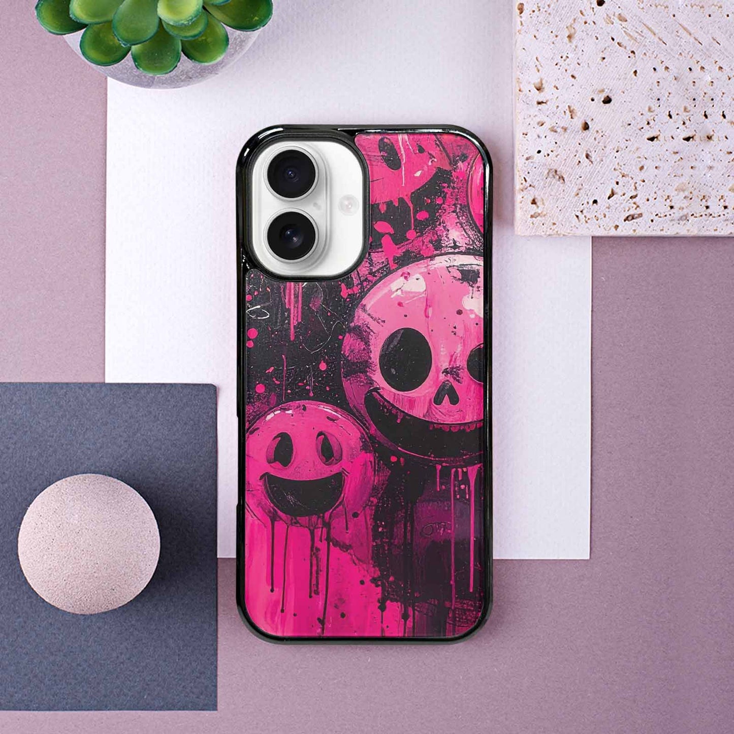 iPhone 16 Case — Melting Moon Smiley Black Pink Ink, Custom Phone Case