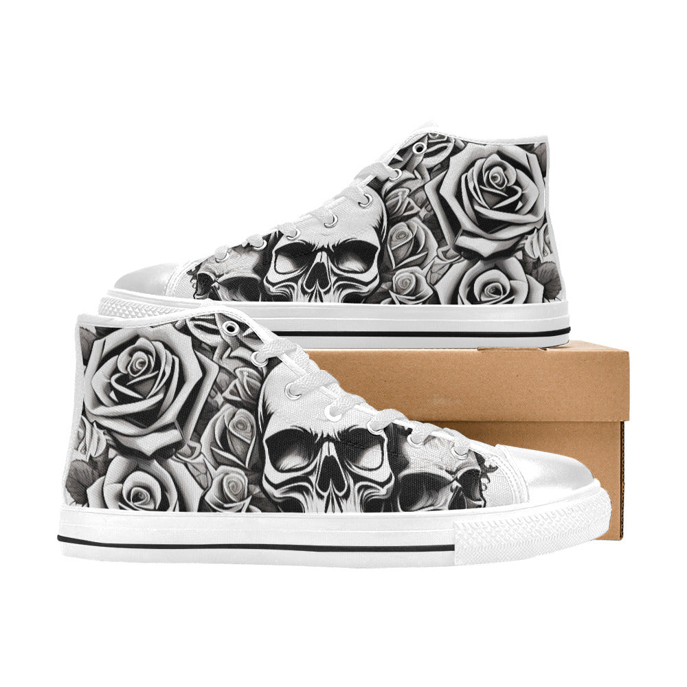 WOMEN'S Skull Roses Black White High Top Canvas Wallpaper Art Custom Sneakers