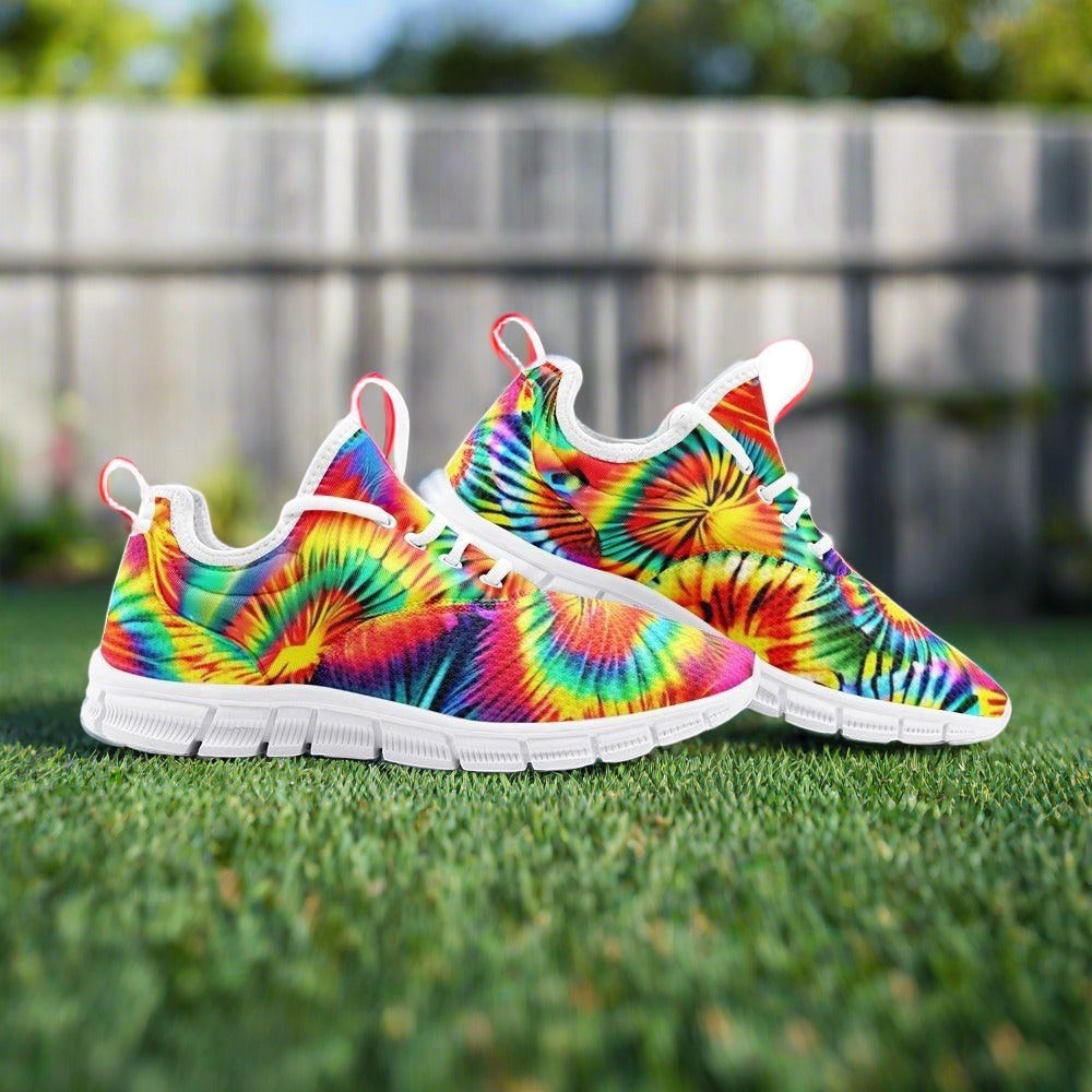 Rainbow Tie Dye hand-made high-top canvas shoes — unique wearable art by Freaky Shoes
