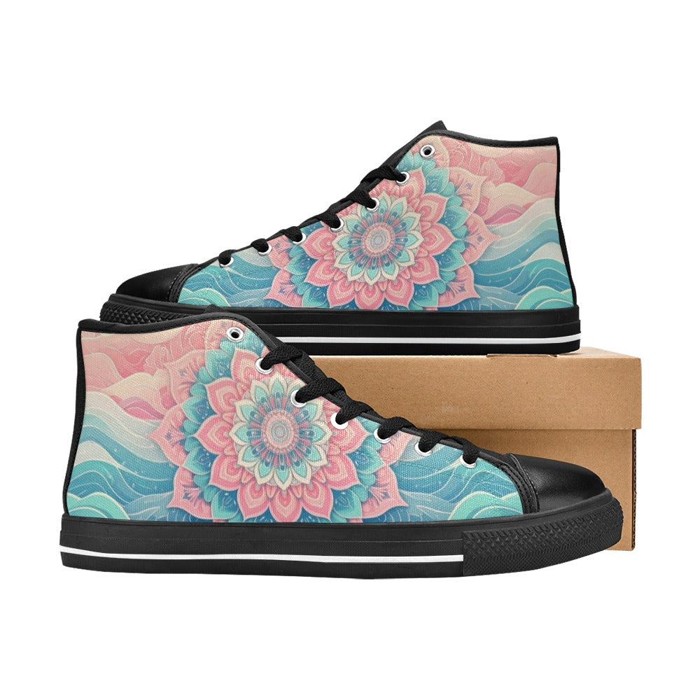 WOMEN'S Pastel Wave Mandala High Top Canvas Vibrant Chaos Custom Sneakers