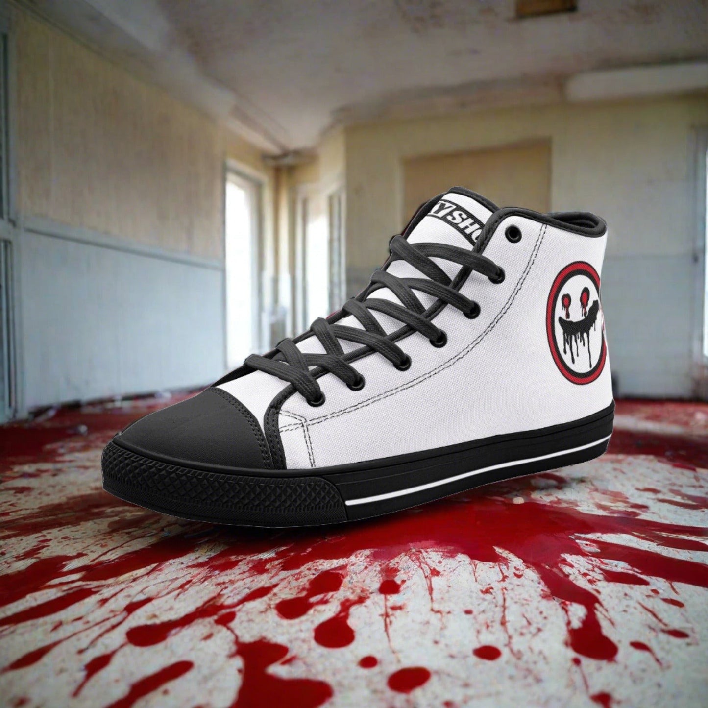 Custom Freaky White high-top canvas shoes with bold all-over art — Freaky Shoes