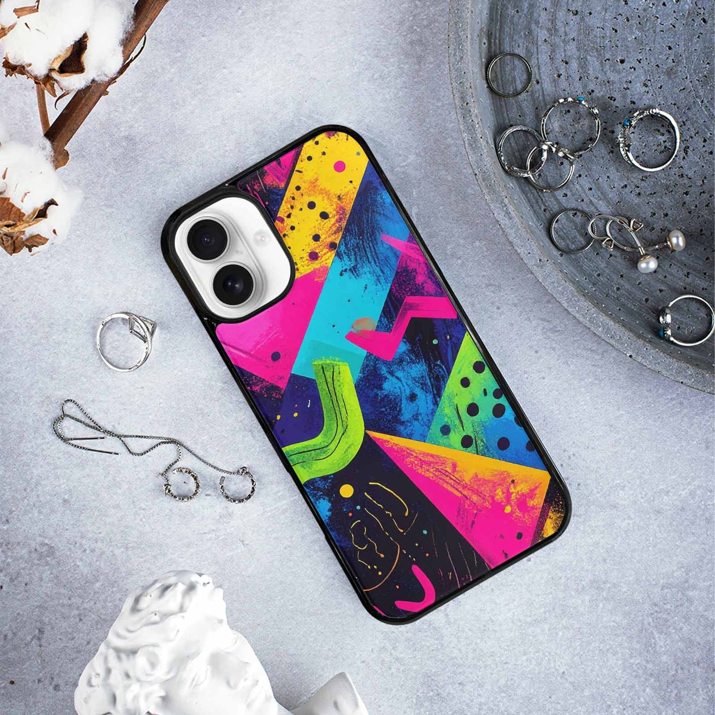 iPhone 16 Plus Case — Memphis Squiggles Triangles Dots Personalized Phone, Unique Phone Case Design