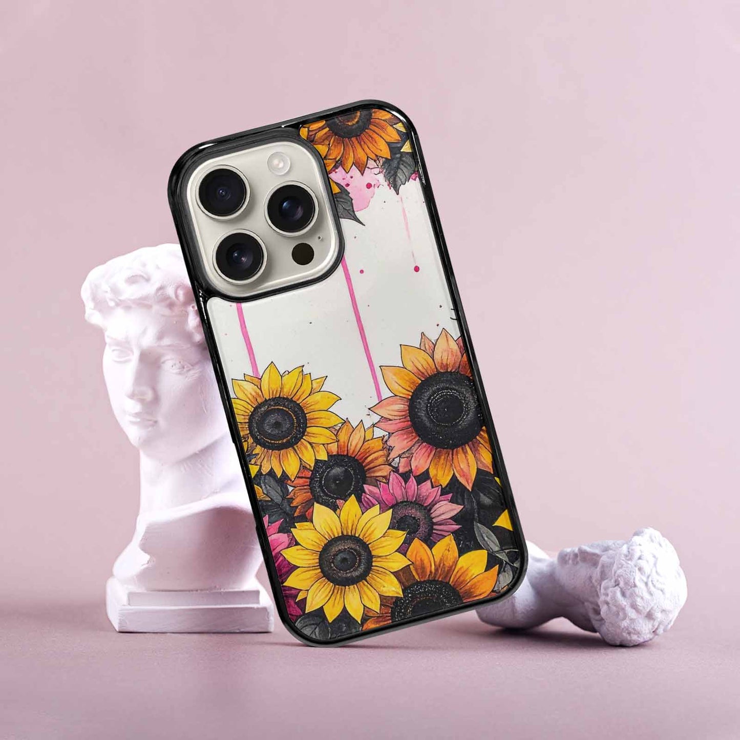 iPhone 16 Pro Case — Sunflower Burst Black Pink Ink Sunflowers, Custom Art Phone Cover