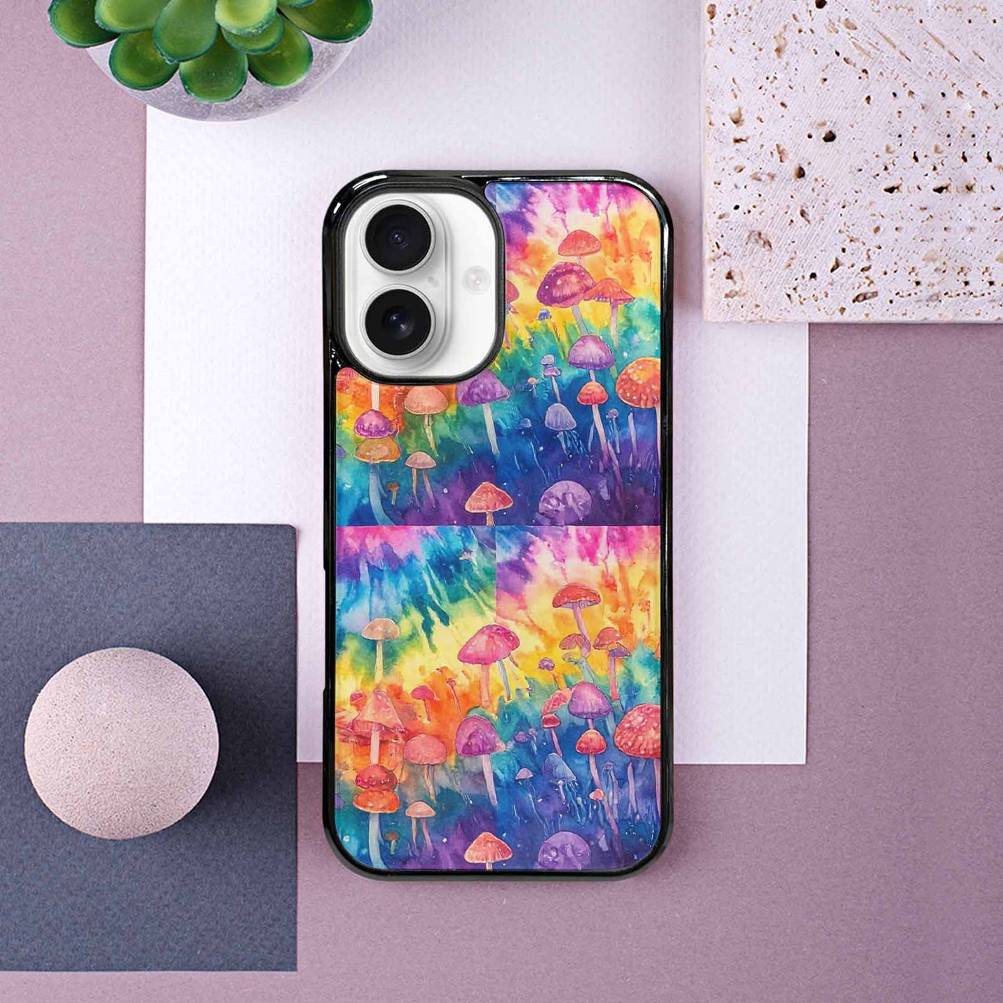 iPhone 16 Case — Mushrooms Tie Dyemushrooms Pat, Custom Printed Phone Case