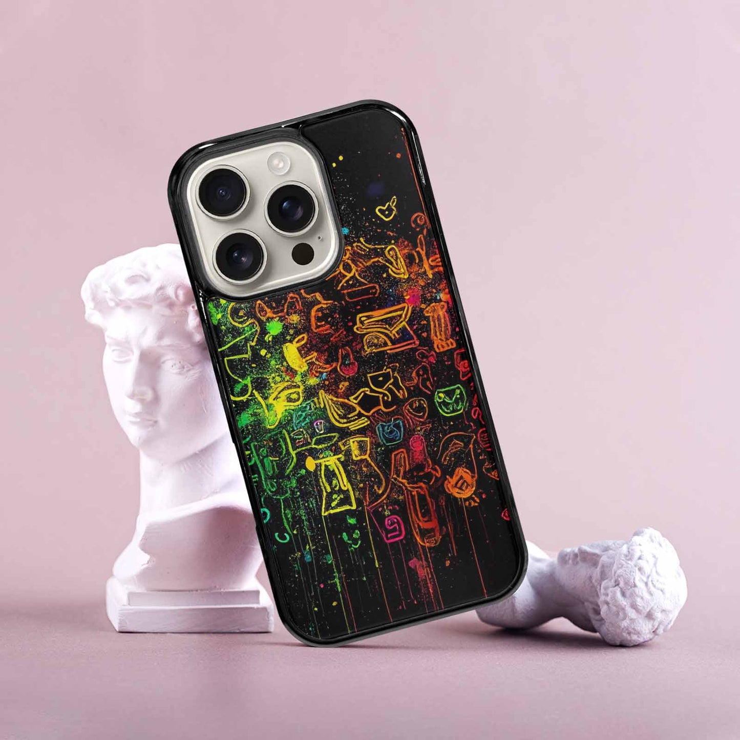 iPhone 16 Pro Case — Neon Glow Outline Icon Pattern Hundreds, Custom Made Phone Cover