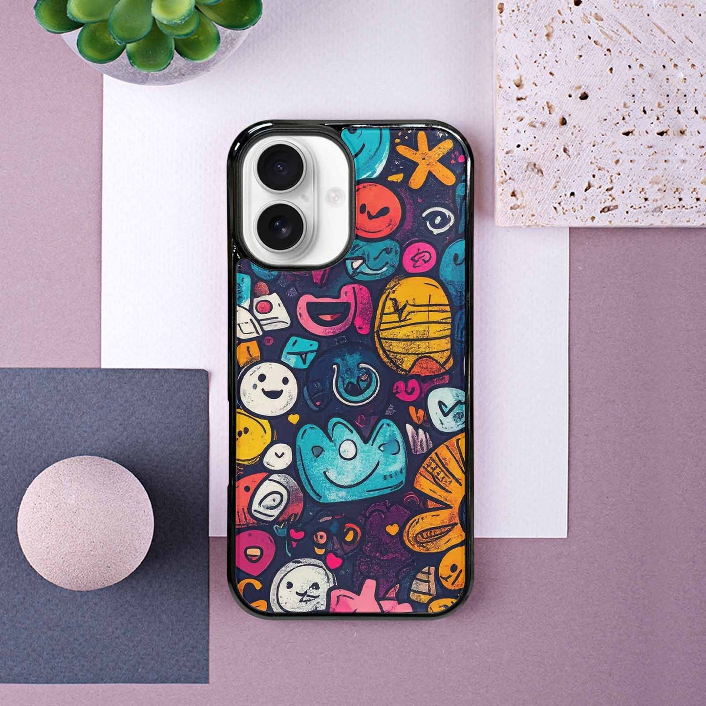 iPhone 16 Case — Hand Drawn Icon Doodle Pattern Hundreds, Custom Designed Case Cover