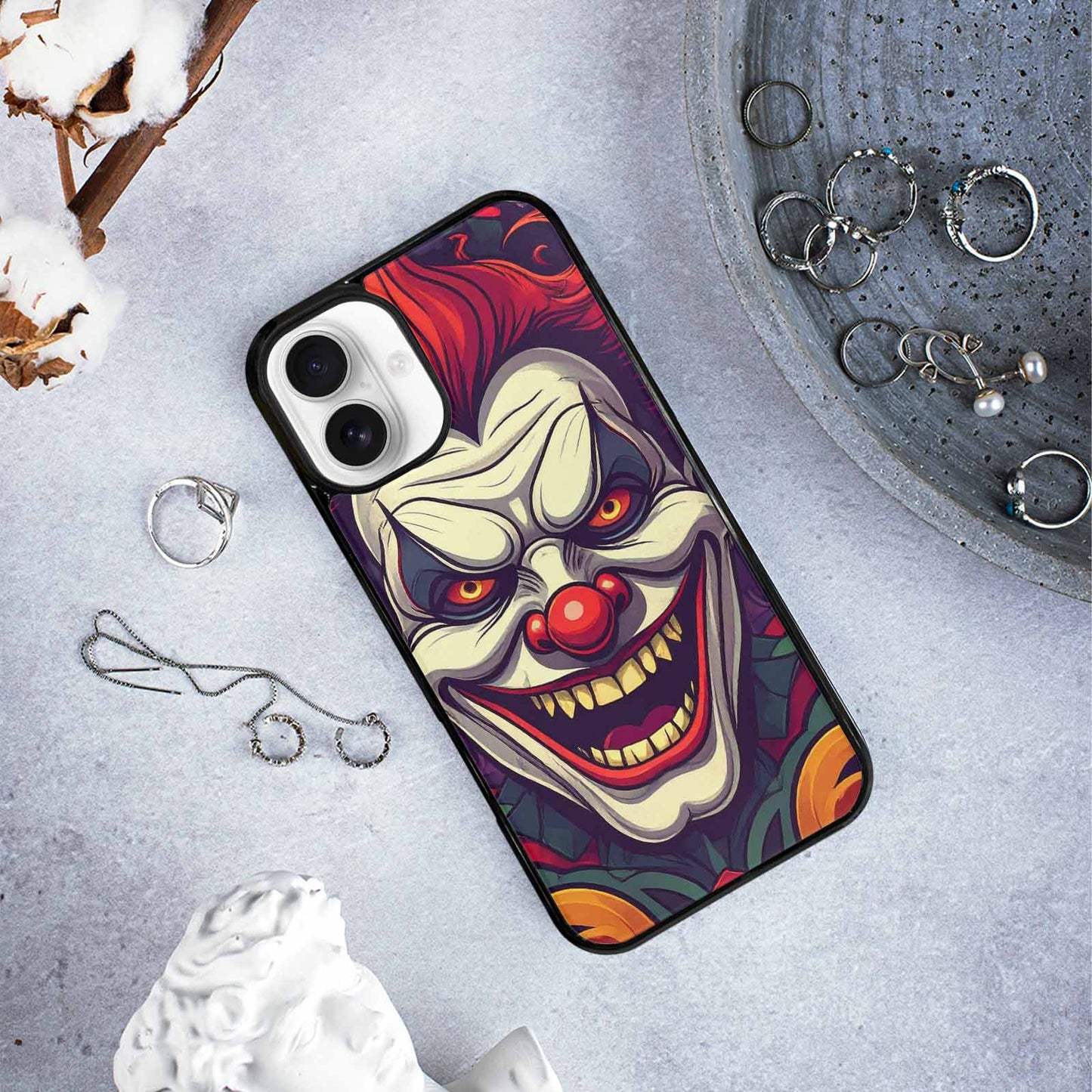 iPhone 16 Plus Case — Evil Circus Heads Faces Overlapping Patterns, Custom Phone Case