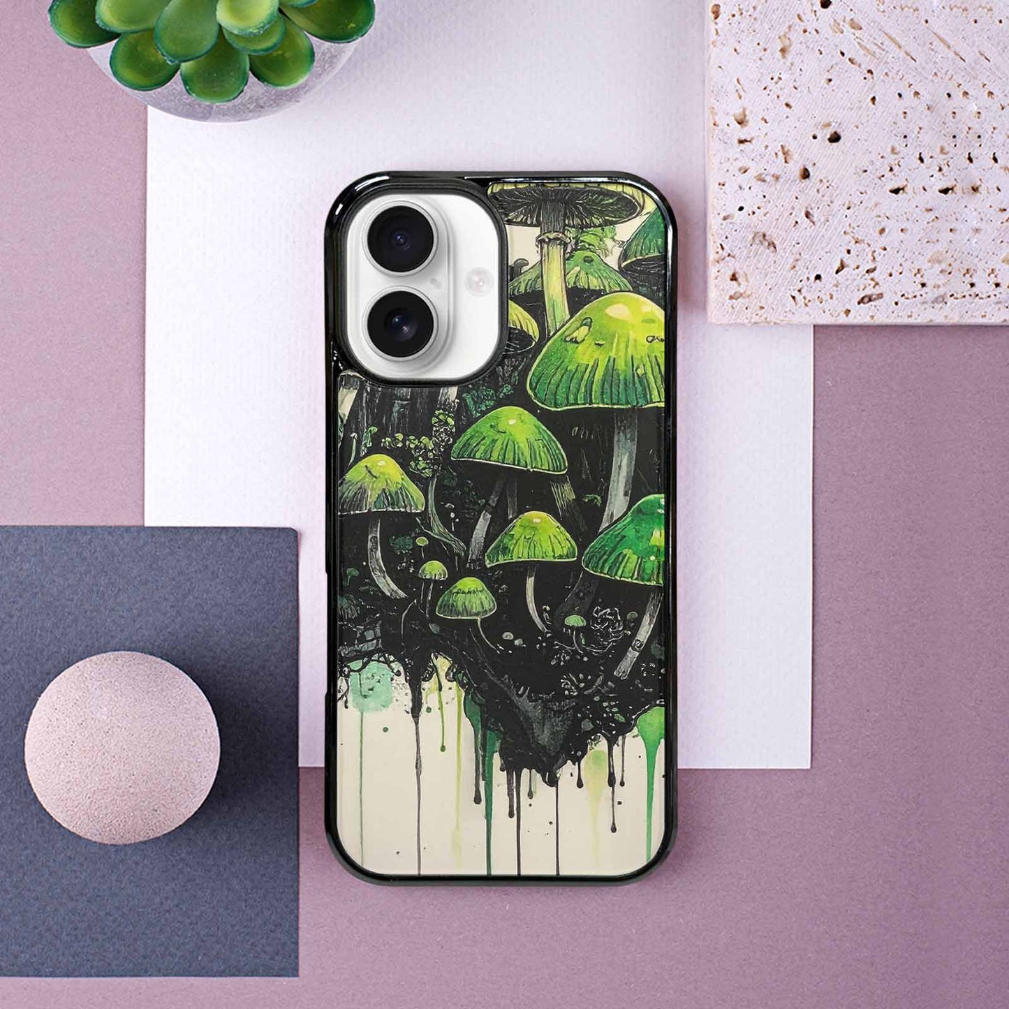 iPhone 16 Case — Rainbow Drip Mushrooms Black Green Ink, Custom Print Case Cover