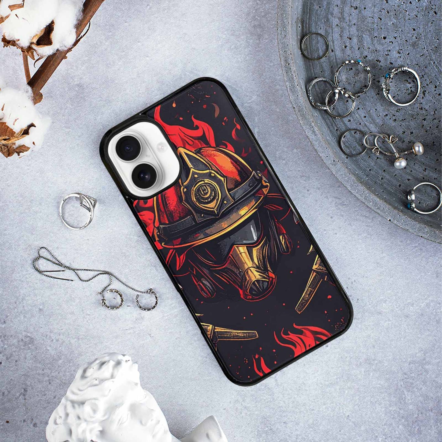 iPhone 16 Plus Case — Firefighter Pattern Flames Axes Helmets Seamless, Personalized Phone Case