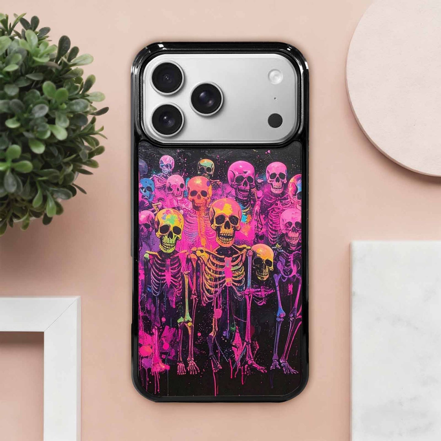 iPhone 17 Pro Max Case — Skeletons Neon Pink Glowskelet Original Art, Personalized Phone Case
