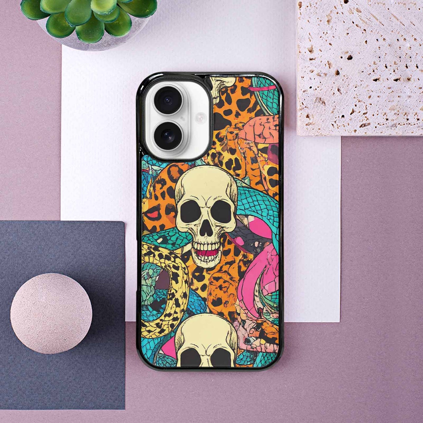iPhone 16 Case — Snake Print Skull Custom, Customized Protective Case