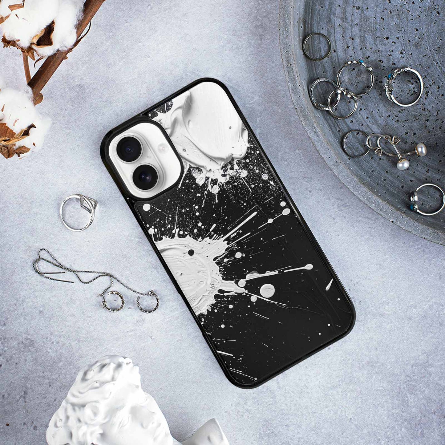 iPhone 16 Plus Case — White Ink Splatter Texture On Black, Custom Phone Case