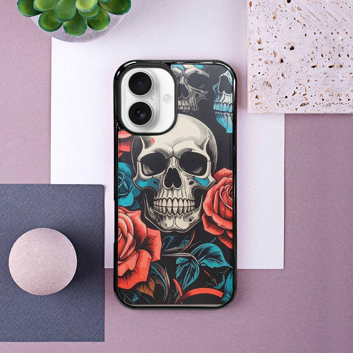 iPhone 16 Case — Skulls Roses Biker Tattoo, Custom Printed Phone Case