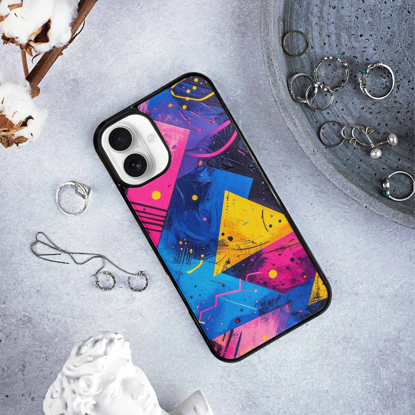 iPhone 16 Plus Case — Memphis Squiggles Triangles Dots, Custom Print Case Cover