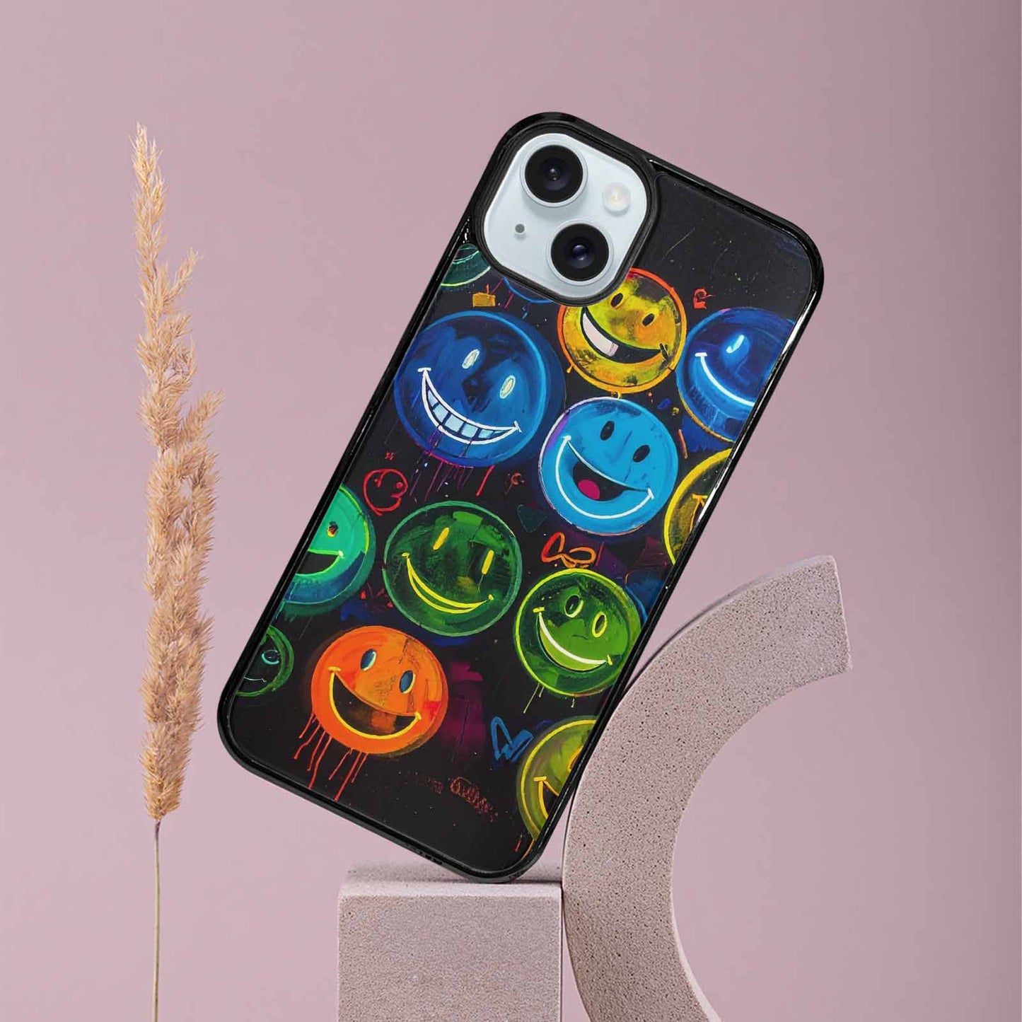 iPhone 15 Plus Case — Smiley Faces Glow Smiley Faces Pattern, Custom Printed Phone Case