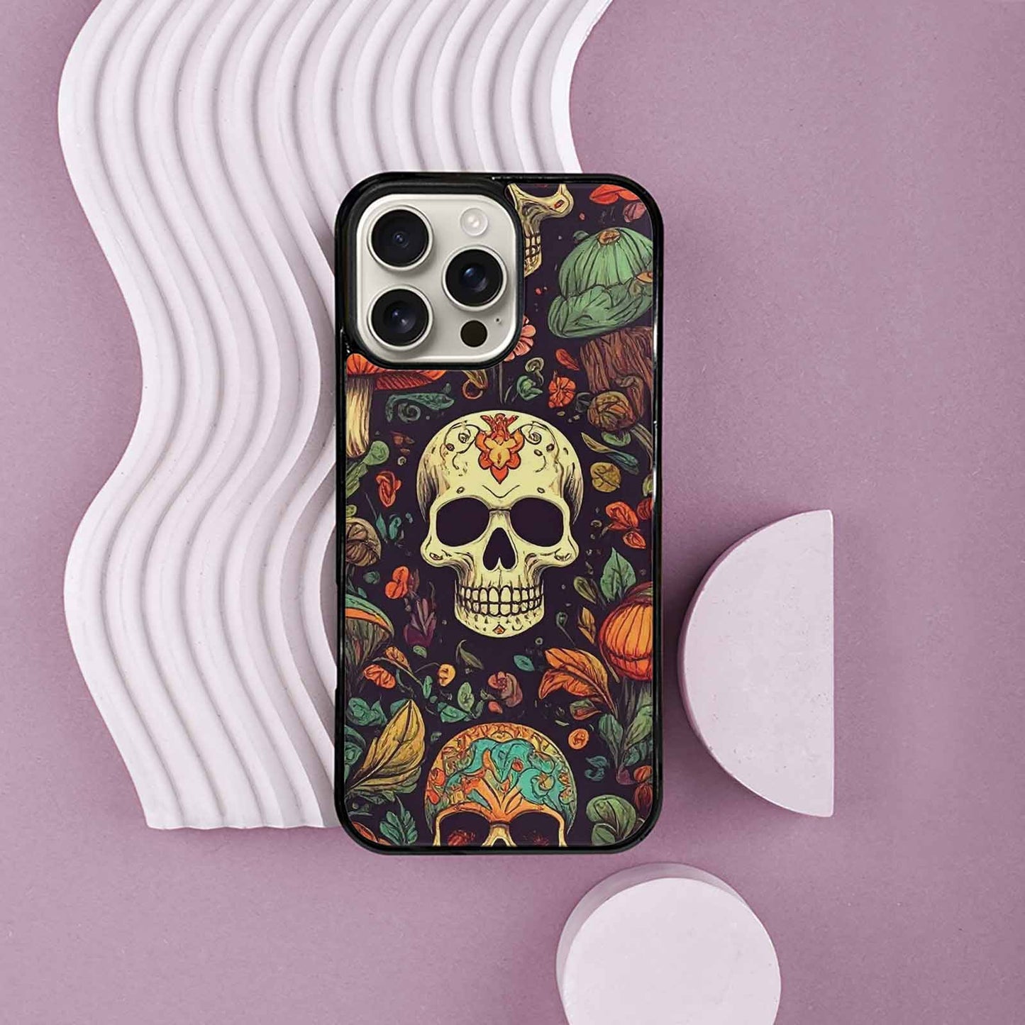 iPhone 16 Pro Max Case — Mushrooms And Skulls, Custom Art Phone Cover