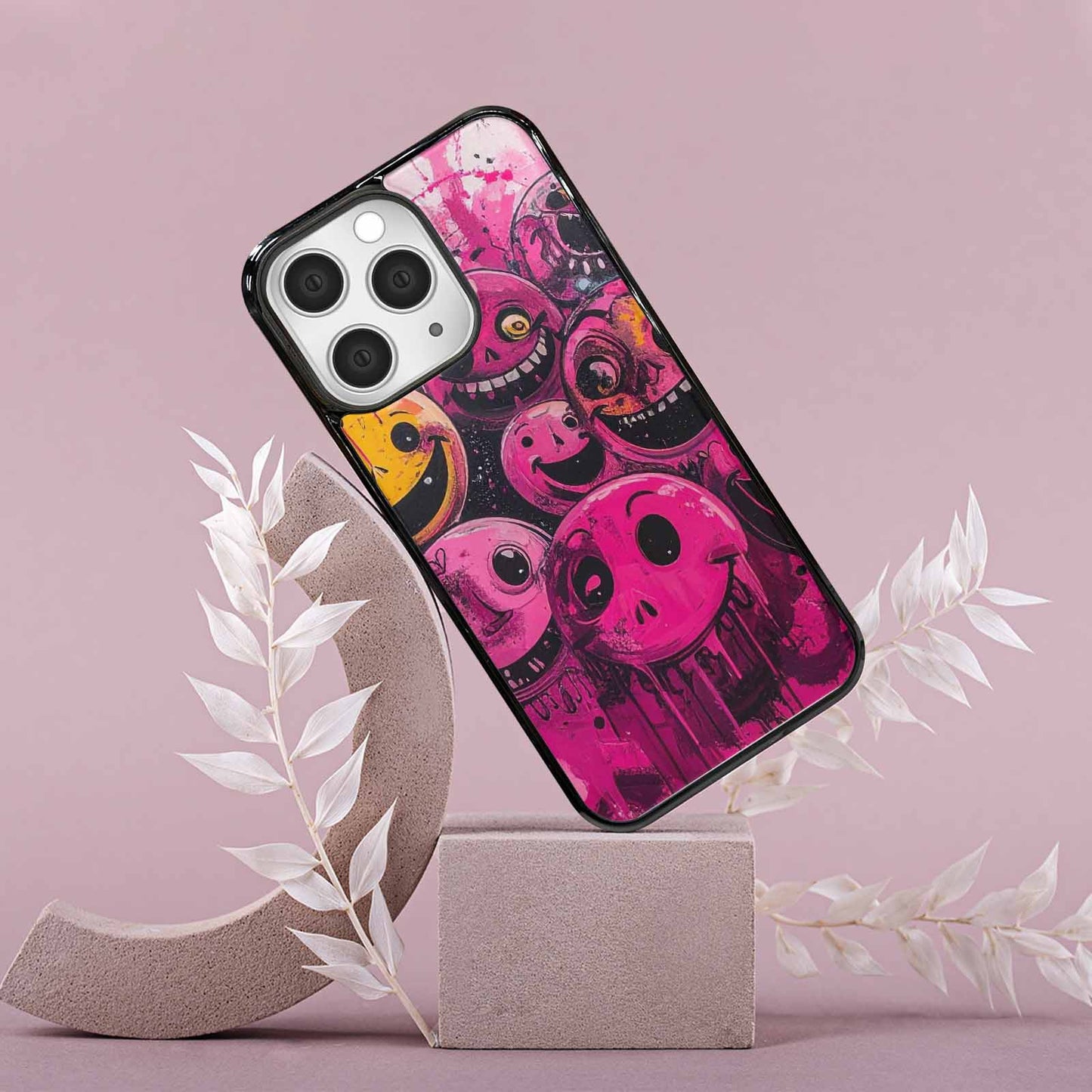 iPhone 15 Pro Max Case — Melting Moon Smiley Black Pink Ink, Custom Designed Case Cover