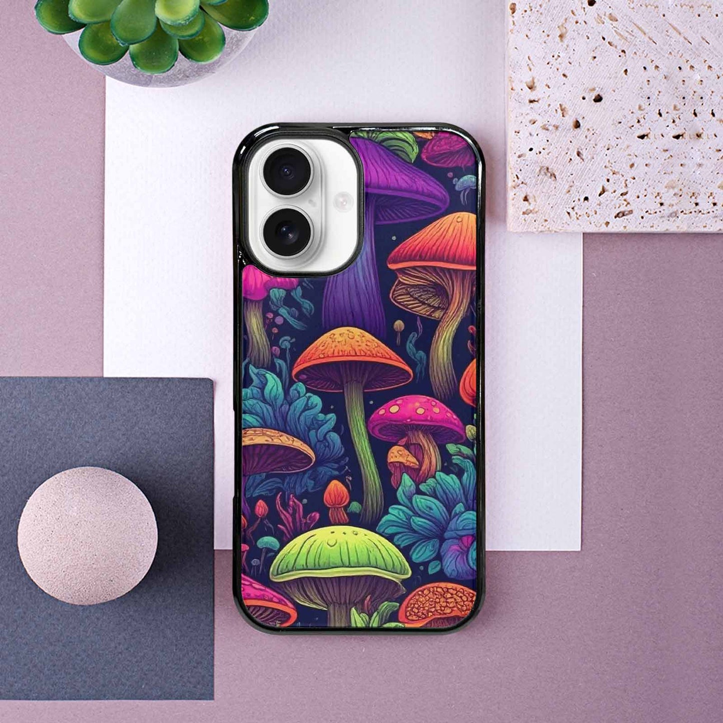 iPhone 16 Case — Mushroom Psychedelic Art Seamless Pattern Vibrant, Custom Art Phone Cover
