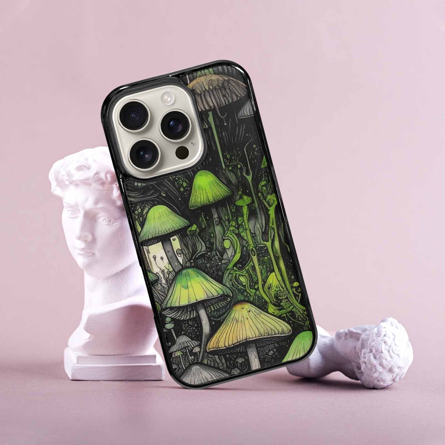 iPhone 16 Pro Case — Rainbow Drip Mushrooms Black Green Ink, Unique Phone Case Design