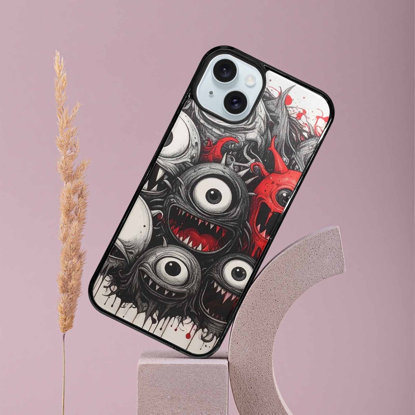 iPhone 15 Plus Case — Multi Eye Monster Black Red Ink, Customized Protective Case