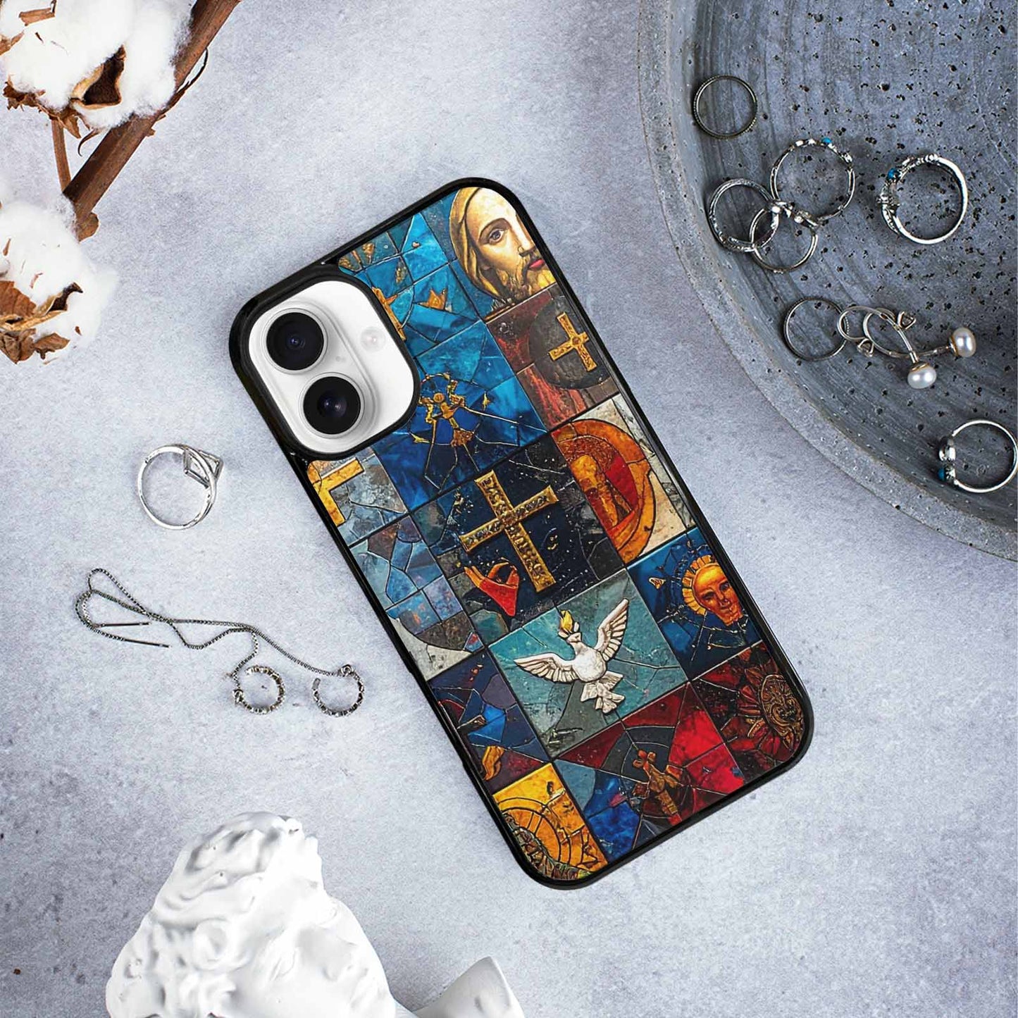 iPhone 16 Plus Case — Jesus Face Small Cross And Faith, Custom Printed Phone Case
