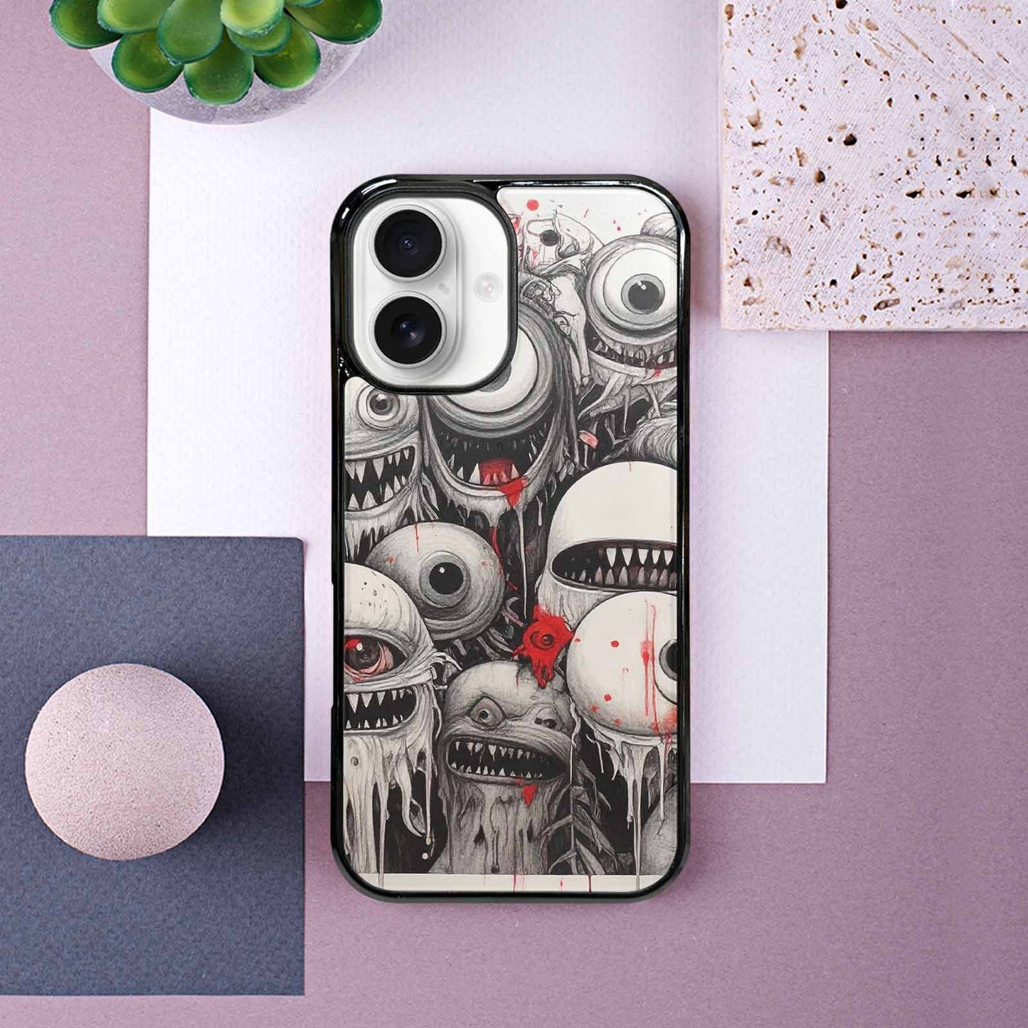 iPhone 16 Case — Multi Eye Monster Black Red Ink, Custom Phone Case