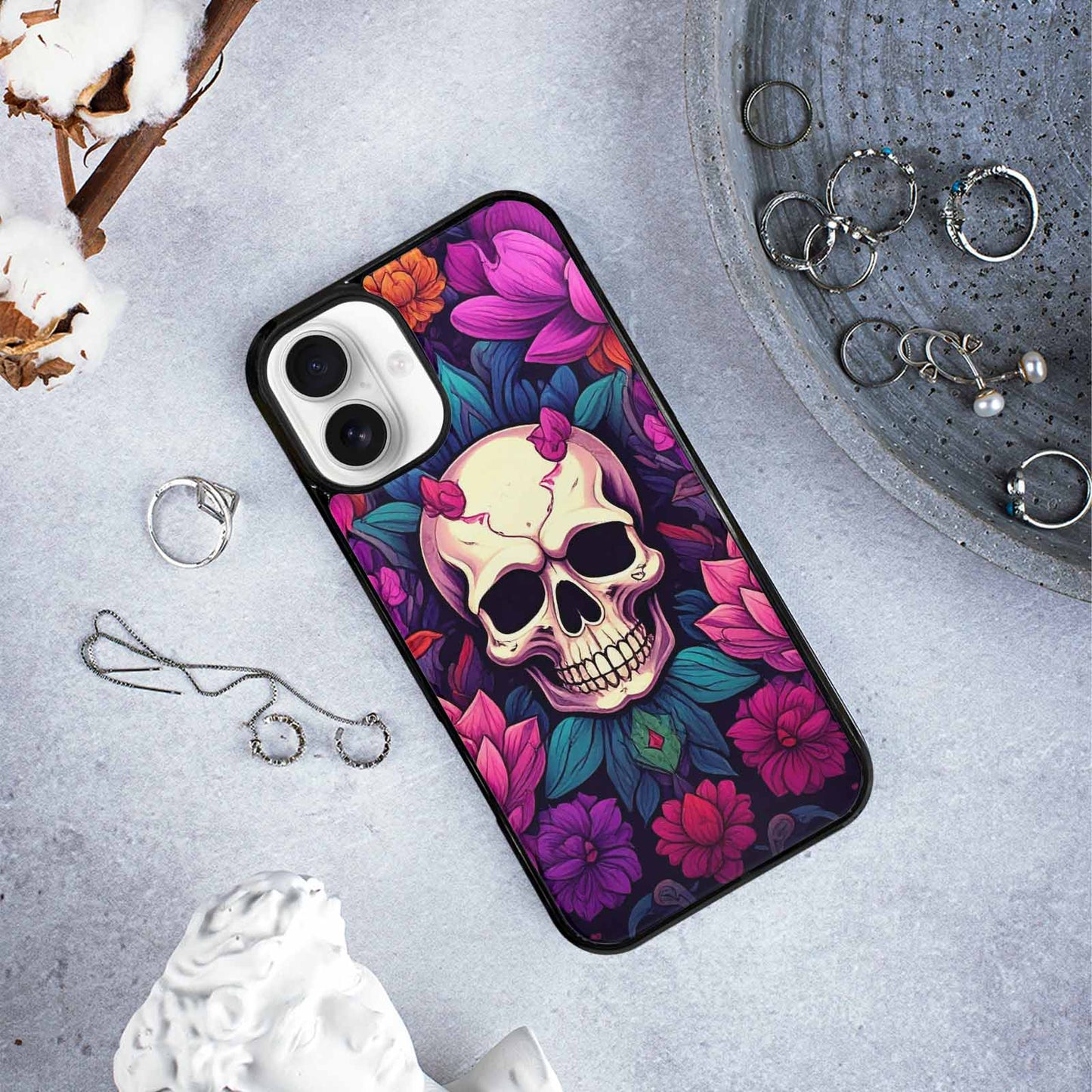 iPhone 16 Plus Case — Lotus Many Hundreds Of Skulls Art, Unique Phone Case Design