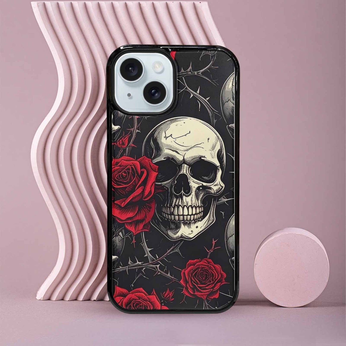 iPhone 15 Case — Ornate Gothic Skulls Roses, Custom Printed Phone Case