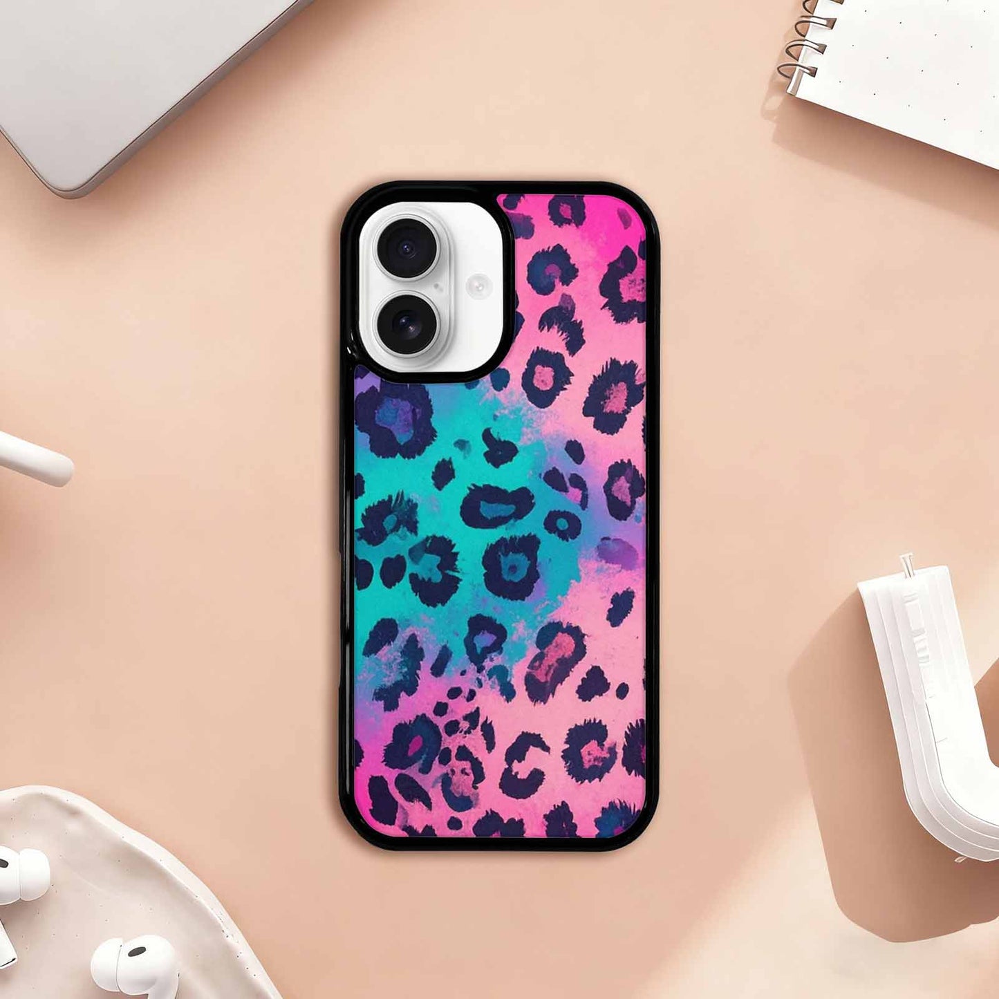 iPhone 17 Case — Leopard Neon Pink Teal Airbrush Animal, Custom Designed Case Cover