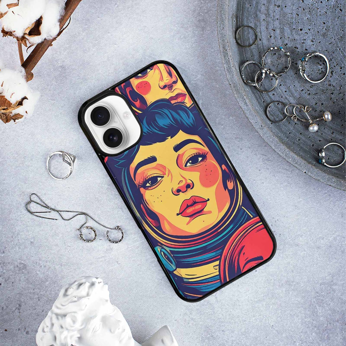 iPhone 16 Plus Case — Retro Astronaut Cartoon Art Pattern Groovy, Custom Printed Phone Case