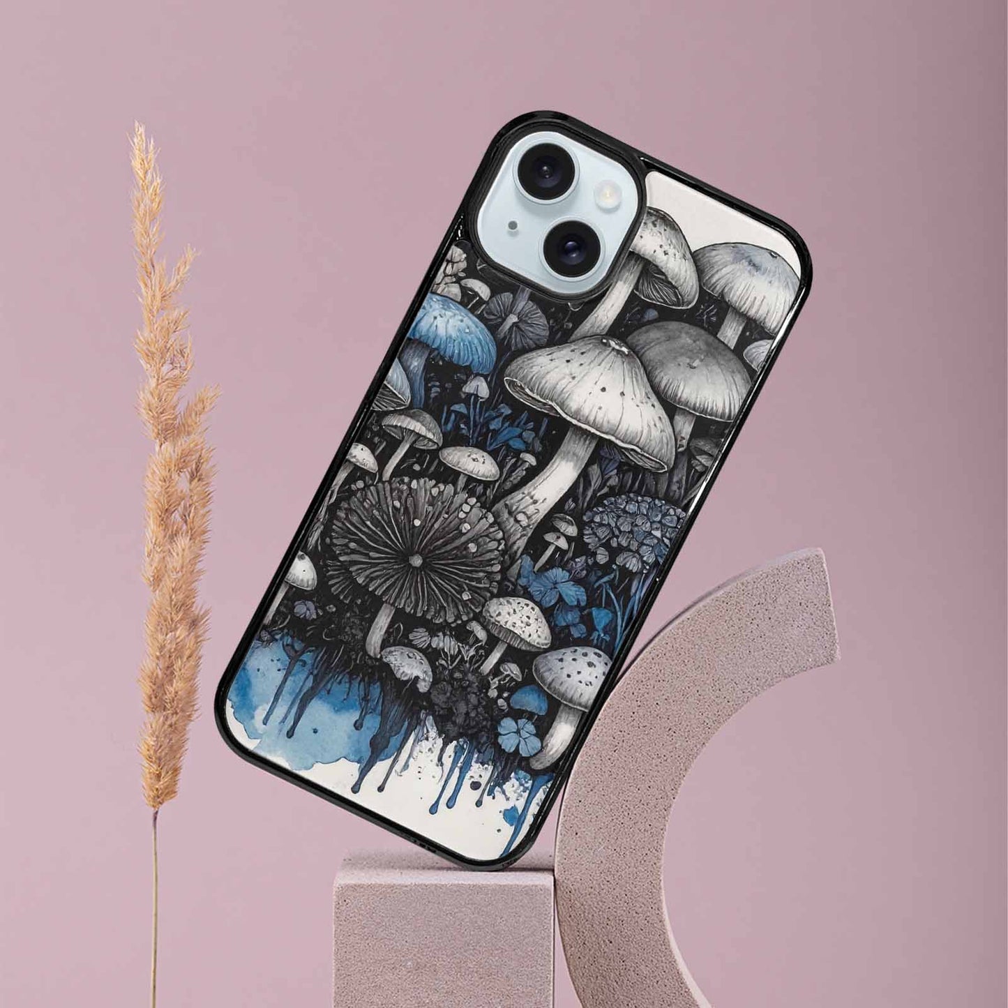 iPhone 15 Plus Case — Mushrooms General Black Blue Ink Mushrooms, Custom Phone Case