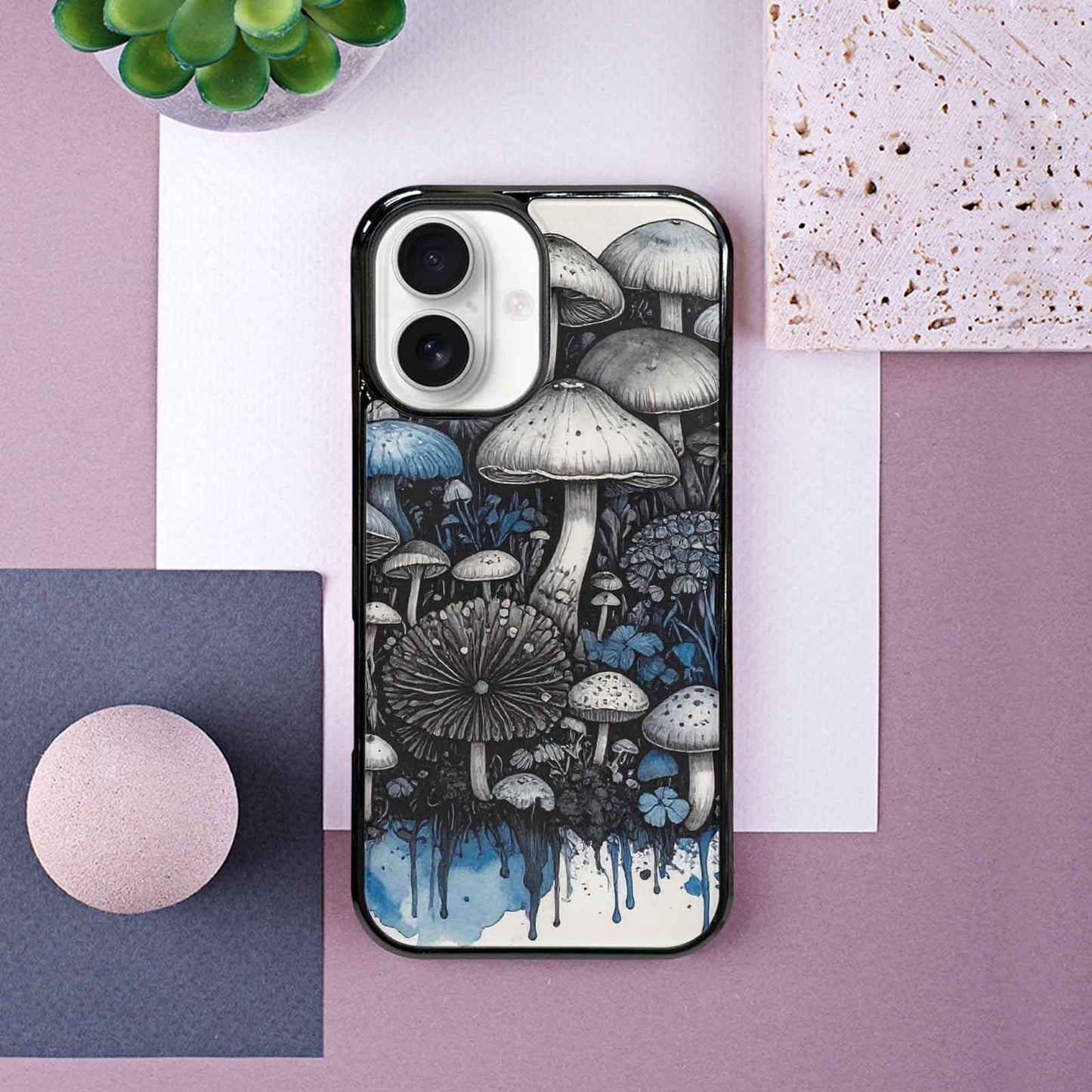 iPhone 16 Case — Mushrooms General Black Blue Ink Mushrooms, Unique Phone Case Design