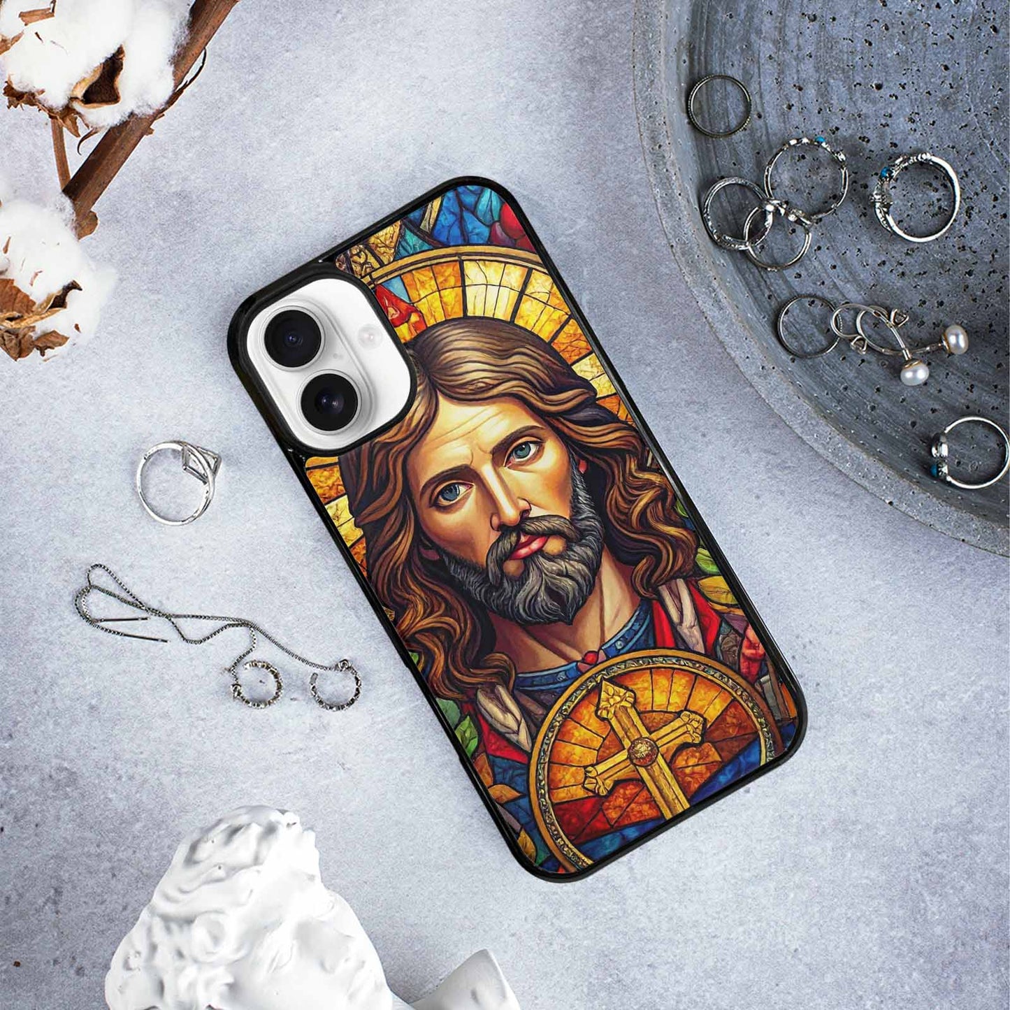 iPhone 16 Plus Case — Jesus Face Small Cross And Faith, Custom Phone Case