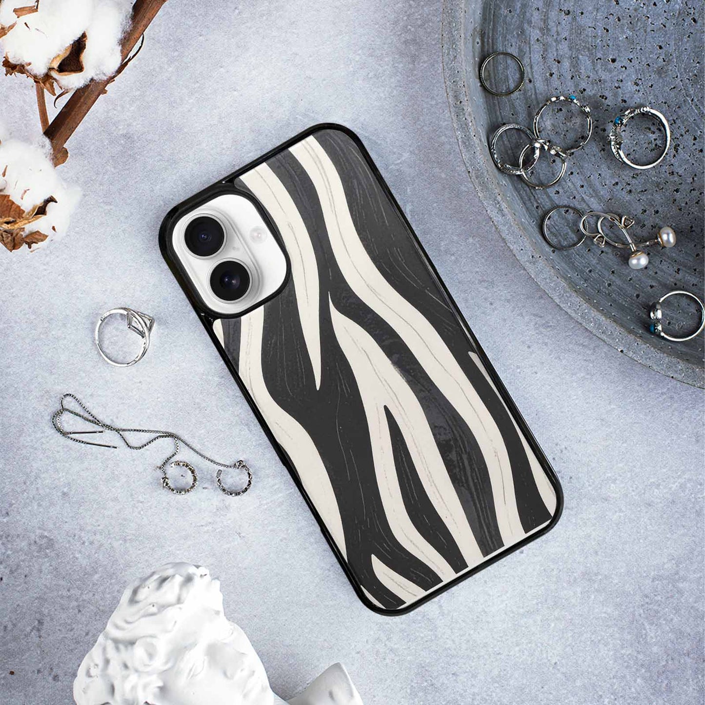iPhone 16 Plus Case — Modern Zebra Stripe Print Crisp Black, Custom Designed Case Cover
