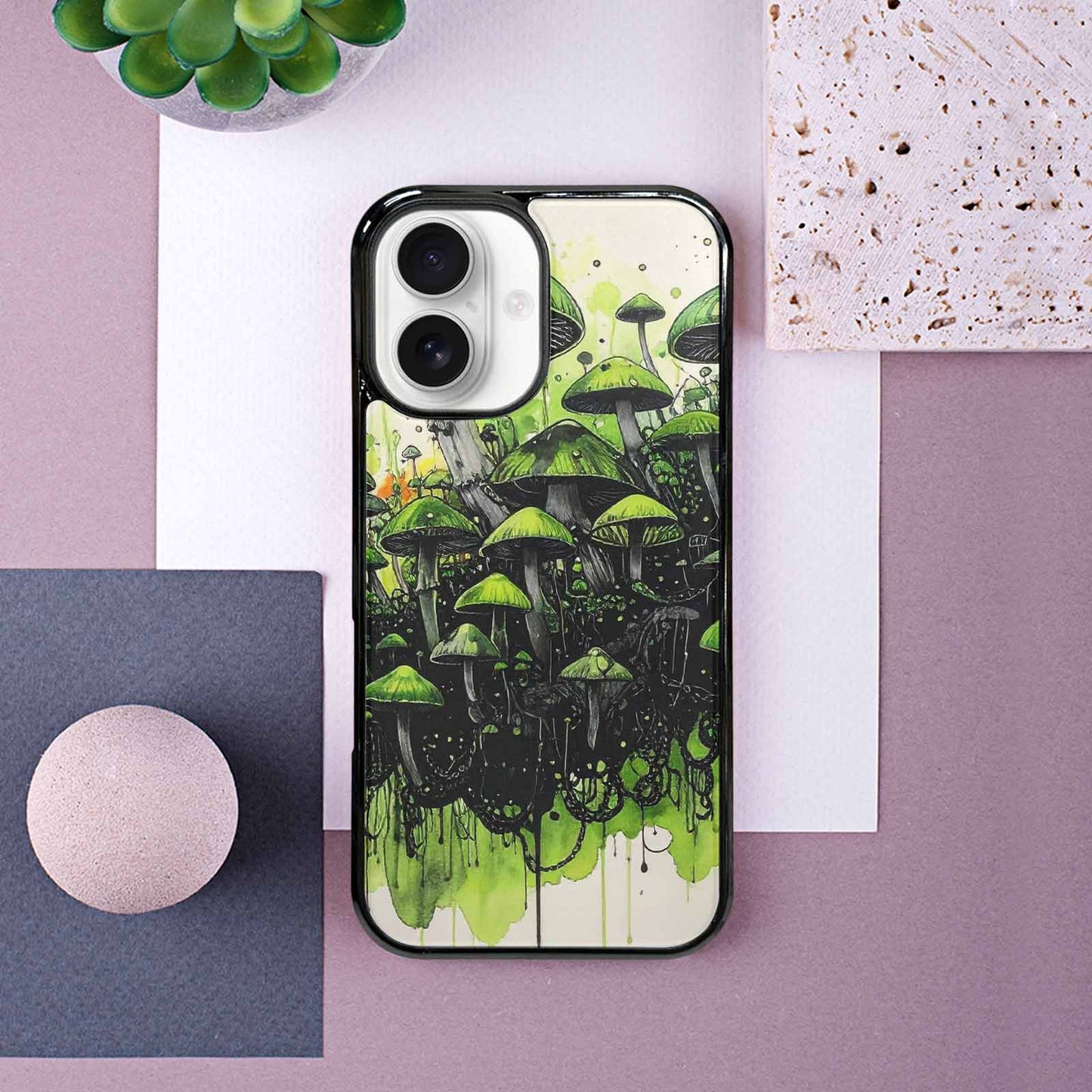 iPhone 16 Case — Rainbow Drip Mushrooms Black Green Ink, Custom Print Case Cover
