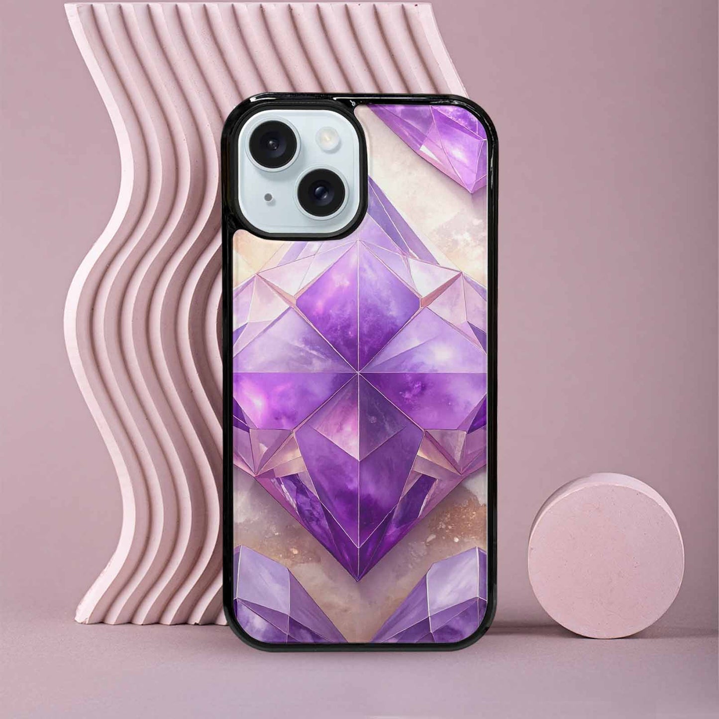 iPhone 15 Case — Amethyst Crystal Art Pattern, Custom Printed Phone Case