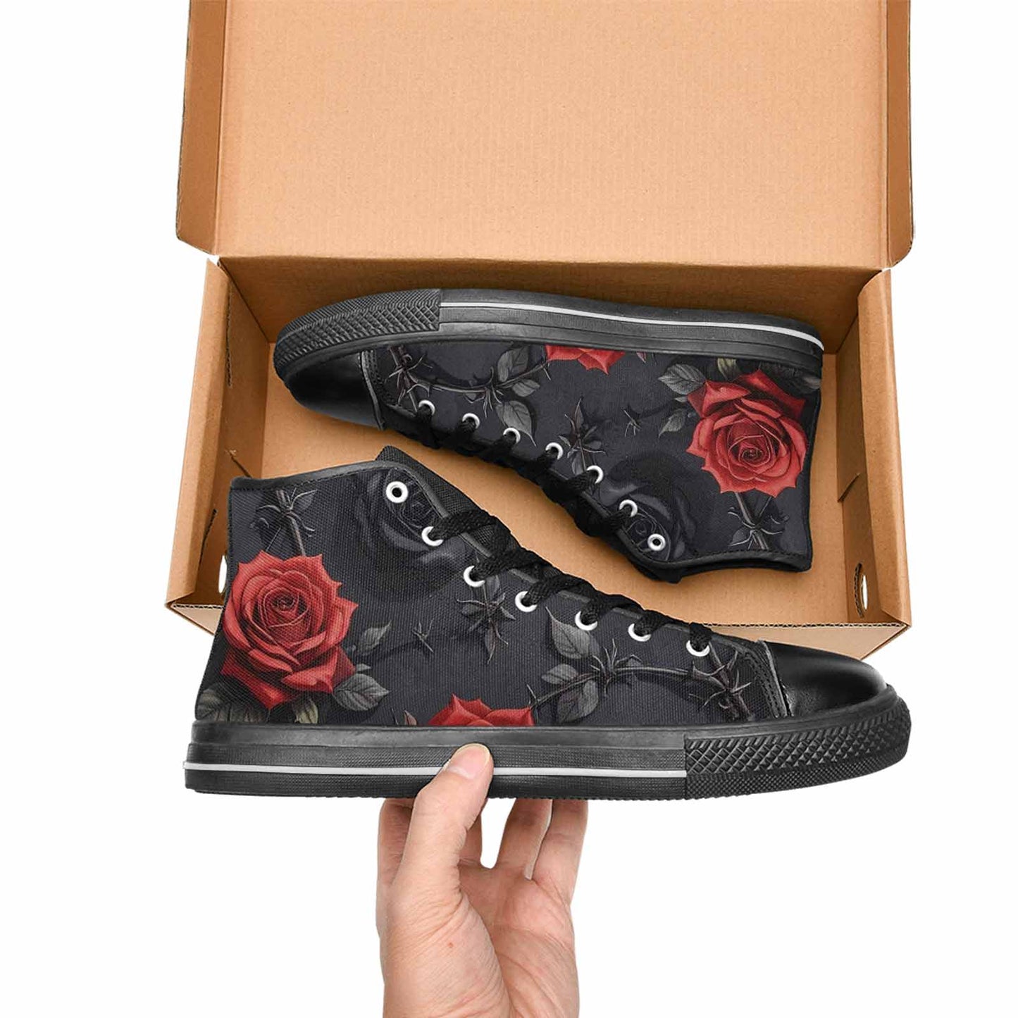 MEN'S Black Gothic Rose High Top Canvas Dark Academia Custom Sneakers
