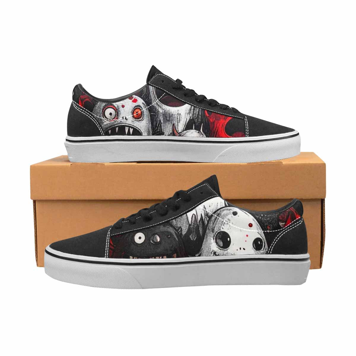WOMEN'S Monsters Black & Red Ink Canvas Original Design Vibrant Chaos Custom Sneakers